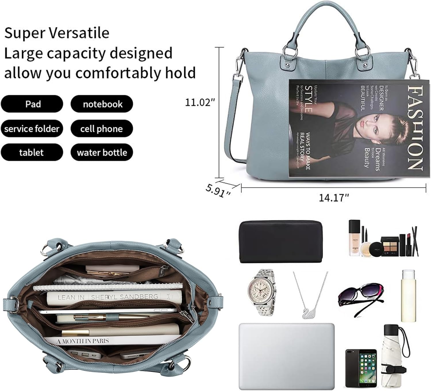 Kattee Genuine Leather Tote Purse for Women, Top Handle Satchel | Soft genuine leather tote with roomy storage and versatile carry for work, shopping, and travel.