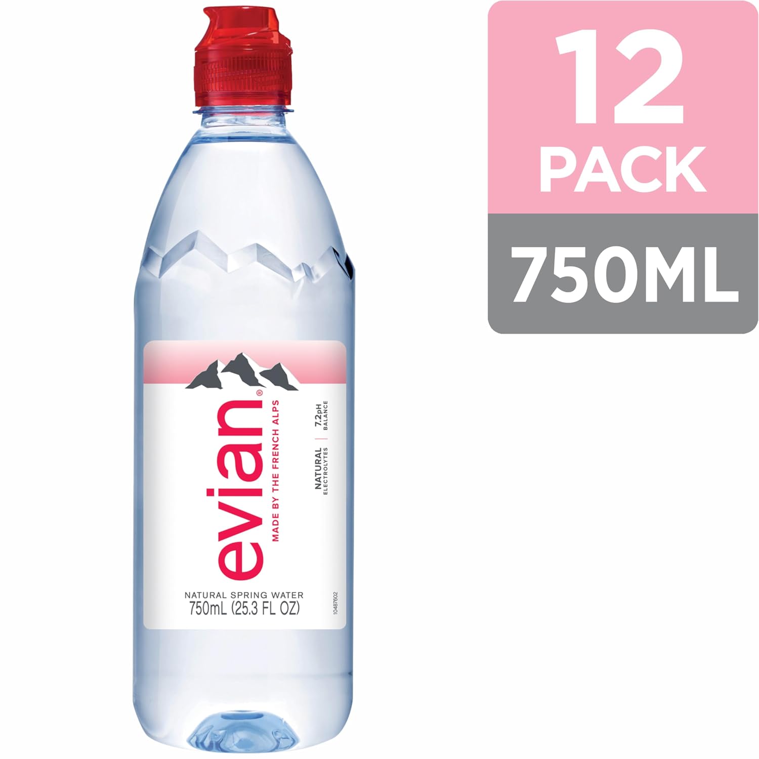 evian Natural Spring Water, 750 ml (25.36 fluid ounce) Water Bottle with Sports Cap, 12 Pack