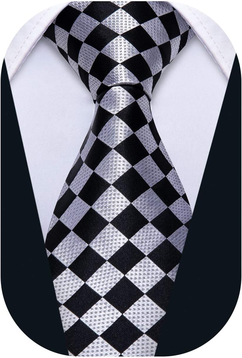 Barry.Wang Plaid Ties for Men Silk Necktie Handkerchief Cuff Links Set