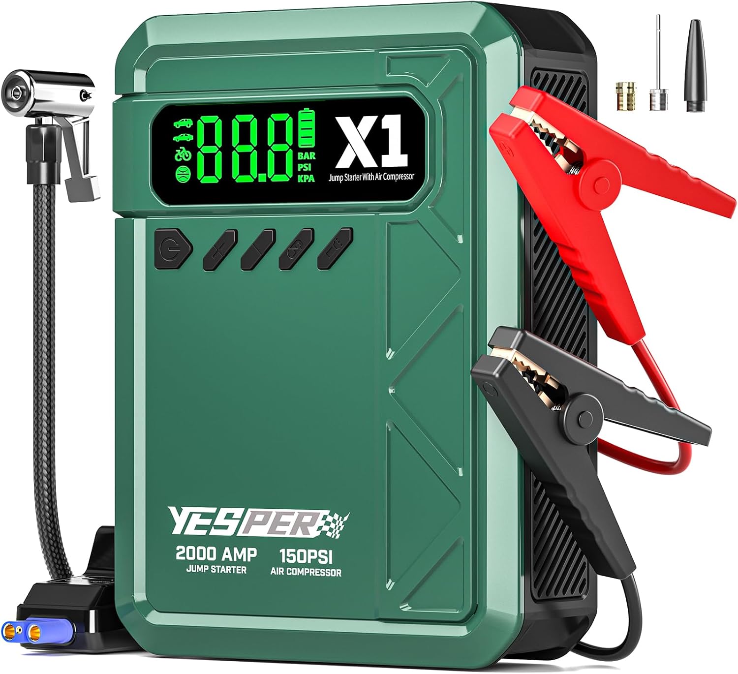 YESPER Jump Starter with Air Compressor 2000A 150PSI Battery Jumper Starter Portable(8L Gas/6L Diesel), 12V Car Jump Pack Battery Charger Jump Box with Jumper Cables, LCD Display, Lights | 2000A Battery Jumper Starter Portable(8L Gas/6L Diesel), Car Batt…