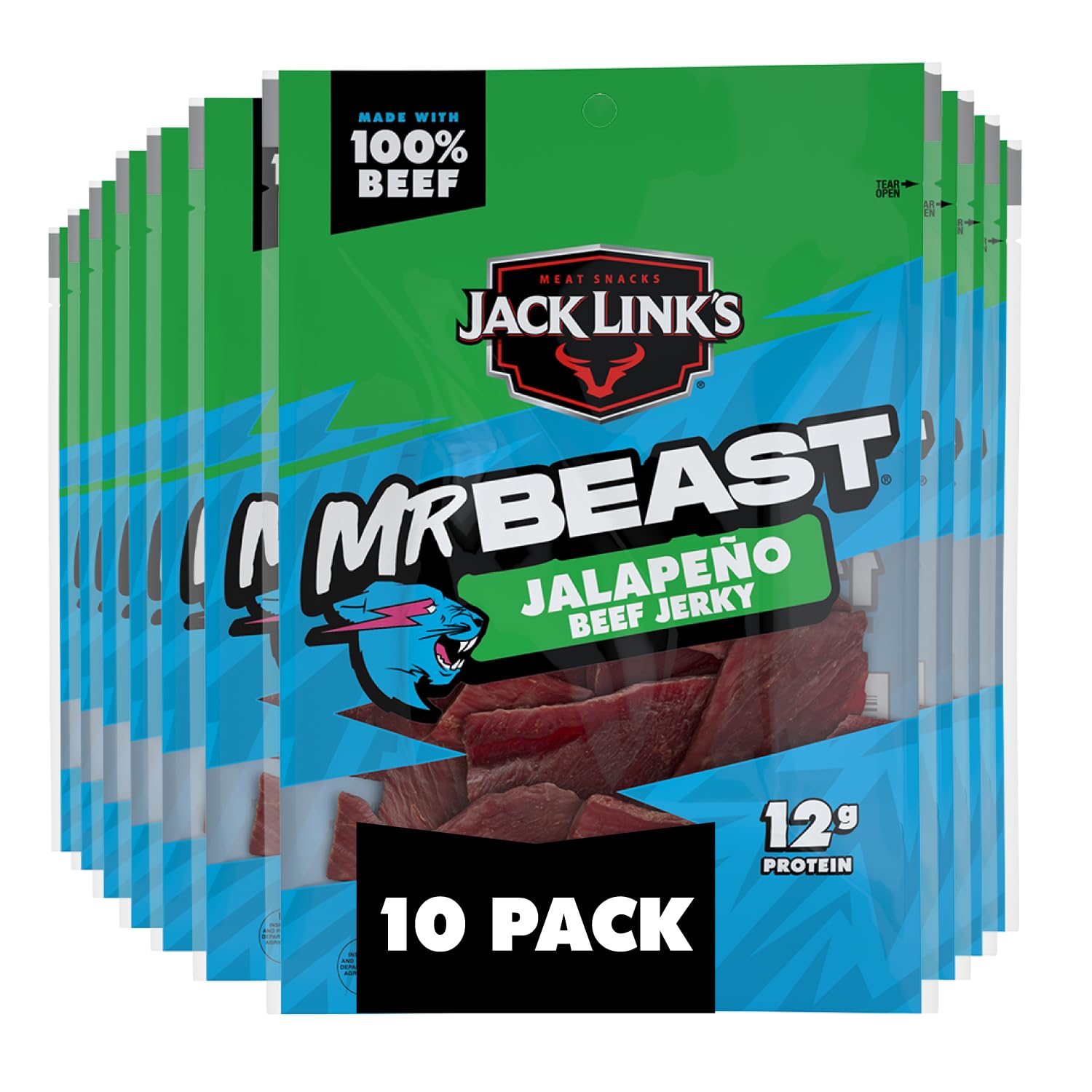 Jack Link's MrBeast Beef Jerky, Peppered Beef Jerky - 10 Count | As Seen on Beast Games, 11g Protein, Made with 100% Real Beef, Pantry-Ready Snacks