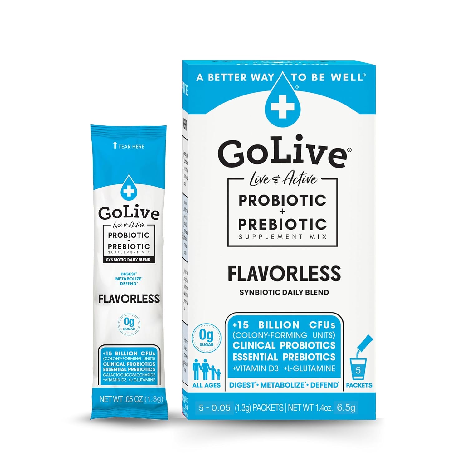GoLive Prebiotic & Probiotic for Women, Men, Kids. Flavor-Free, Sugar-Free, Synbiotic Powder w/ GOS, L-Glutamine, Vitamin D3, Electrolytes. For Gut Health, Digestion, Metabolism, Immunity 15-50B CFUs. | Flavor-Free, Sugar-Free, All-Natural Ingredients, C…