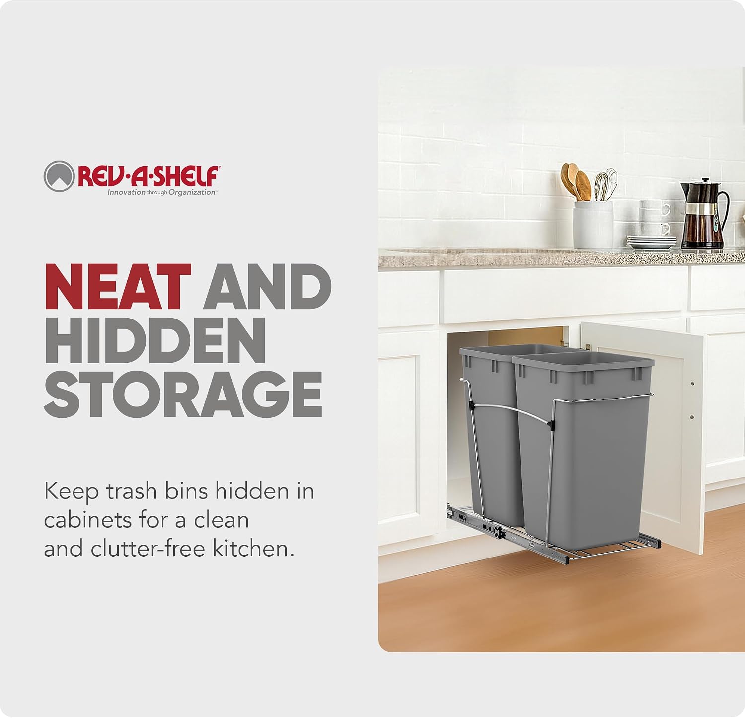 Rev-A-Shelf Double 27 Qt Pullout Trash Can for Base Kitchen Cabinets, Garbage Waste Bin System with Full Extension Slides, Min Opening Width of 11.5", Metallic Silver, RV-15KD-17C S