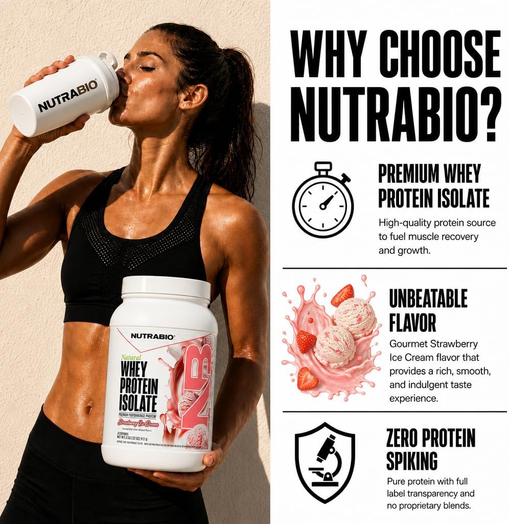 NutraBio Natural Whey Protein Isolate Protein Powder, 25g Protein with Complete Amino Acid Profile, Non-GMO, Soy & Gluten Free, Low Carb, Low Calorie - 20 Servings- Chocolate