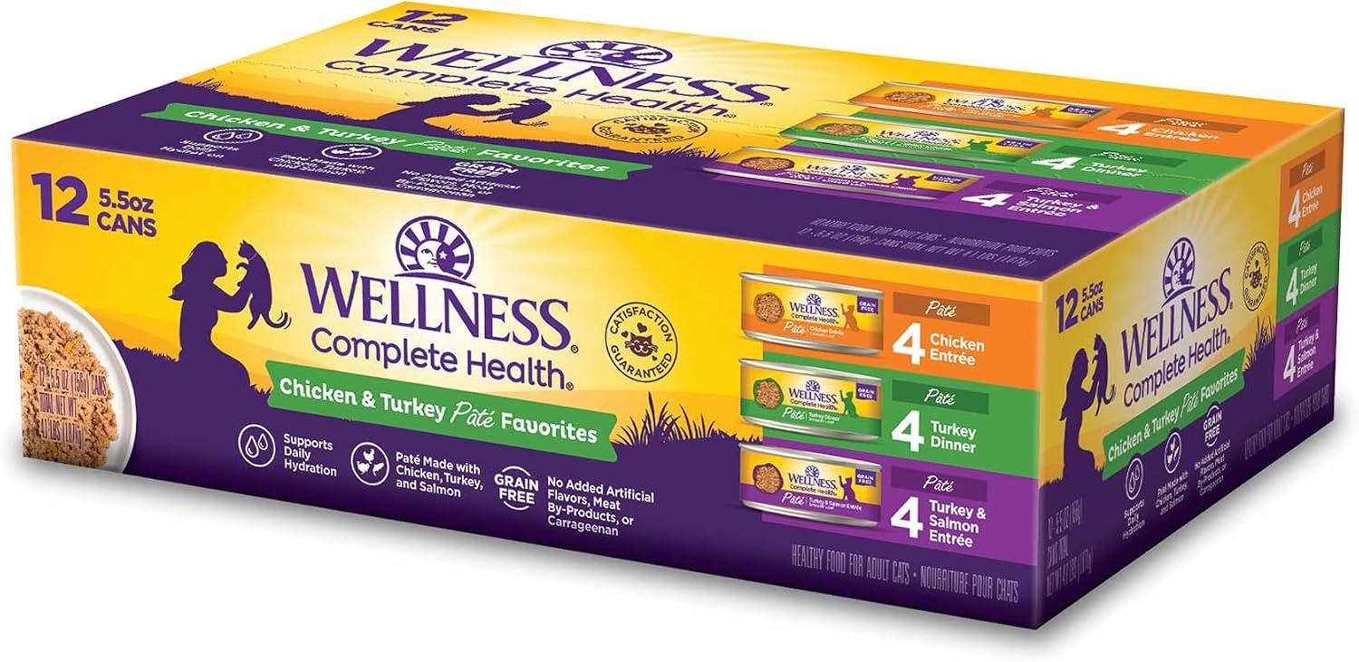 Wellness Complete Health Pate Variety Pack Adult Canned Wet Cat Food, Natural, Protein Rich, Grain Free, Chicken and Turkey Favorites, 3 oz
