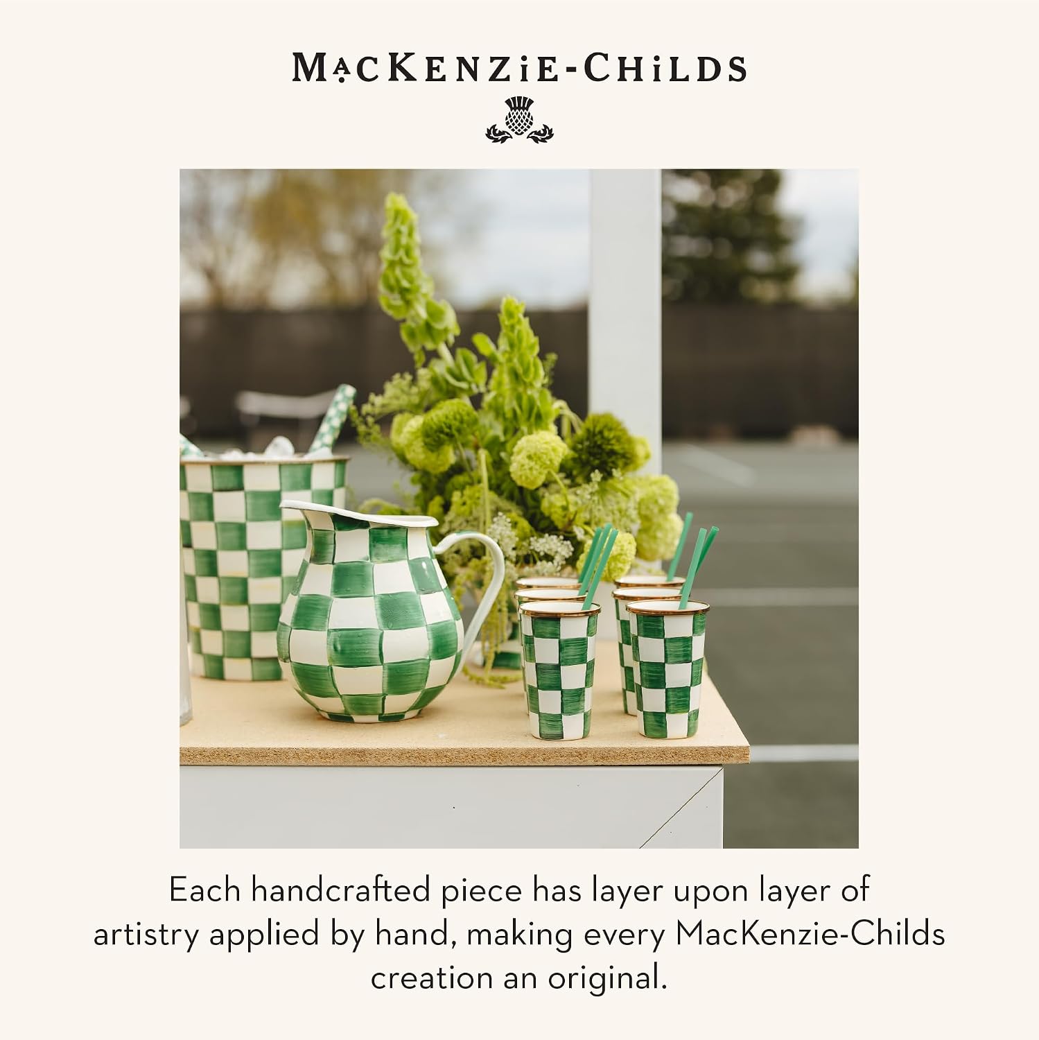 MACKENZIE-CHILDS Enamel Tumbler, Black-and-White Courtly Check | Hand-painted design, elegant drinkware with gold rim, 2.75" dia. x 4.5" H, 10-ounce capacity