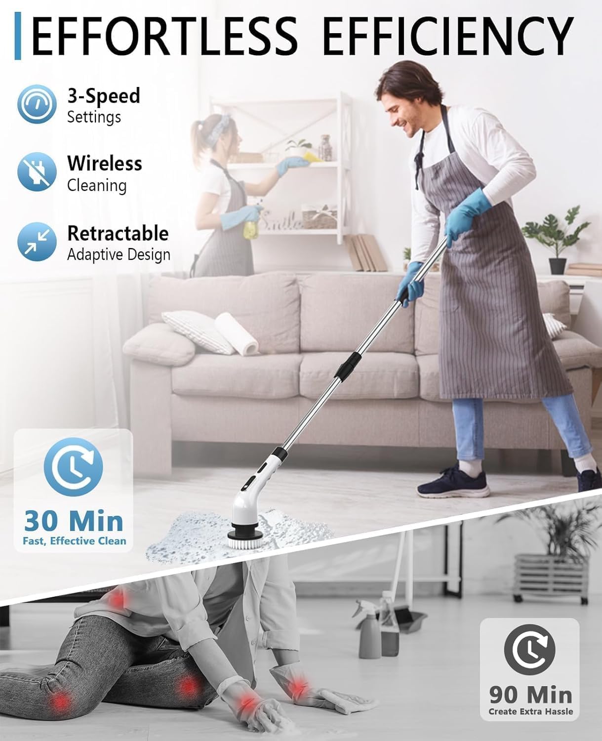 Electric Spin Scrubber for Cleaning Bathroom, Shower Scrubber Cordless Cleaning Brush with IPX7 Waterproof & 3 Speed, 9 Brush Heads