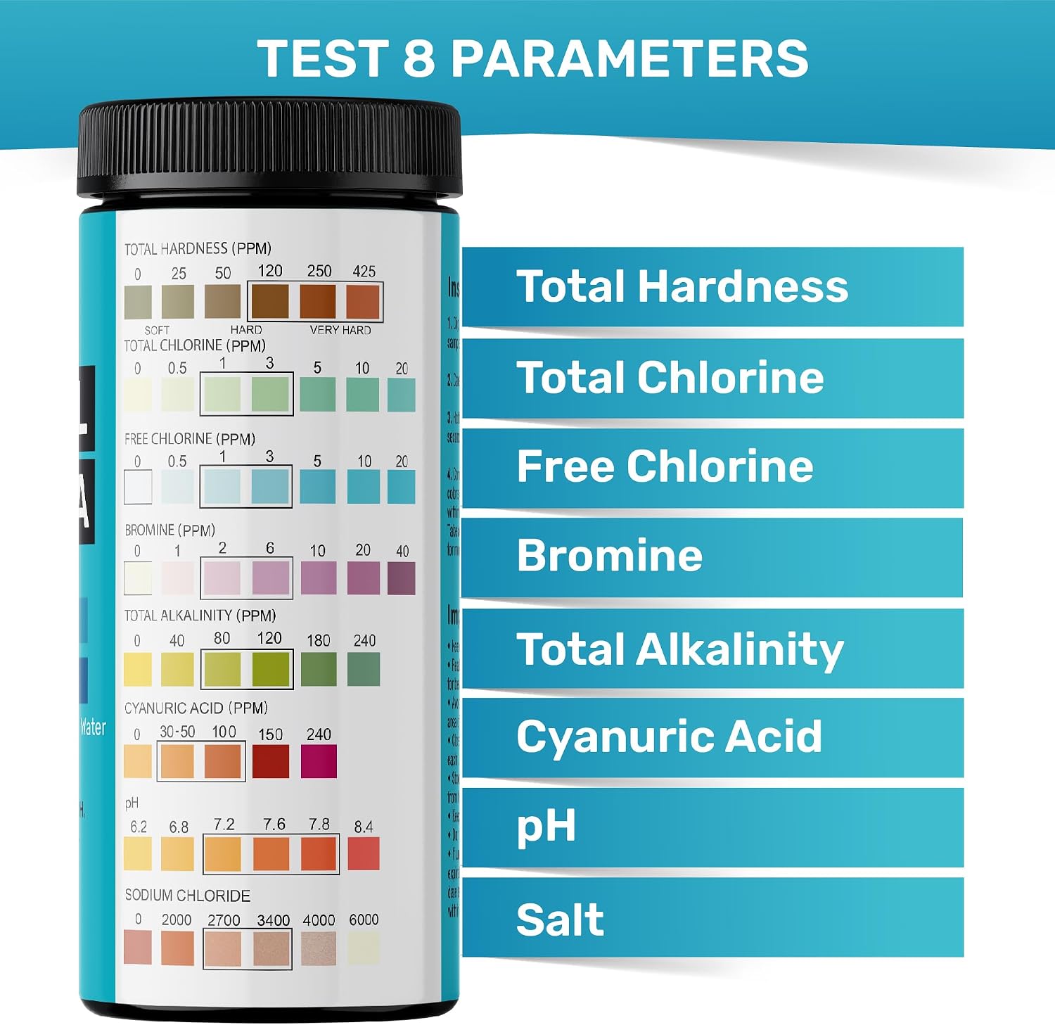 Pool Test Strips for Pools and Spas - 7 in 1 Water Test 100 Pack | Includes 100 pool test strips that measure chlorine, bromine, pH, alkalinity, hardness and cyanuric acid in 30 seconds.