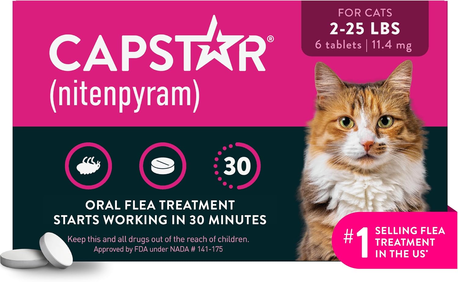 Capstar (nitenpyram) Cat Flea Treatment, Fast-Acting Oral Flea Treatment for Cats 2-25 lbs