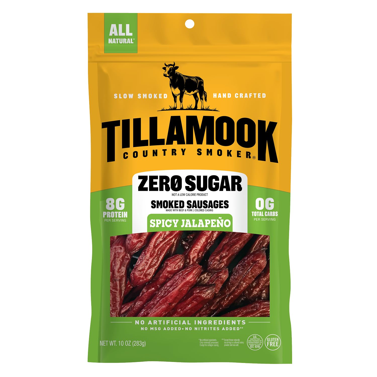 Tillamook Country Smoker Zero Sugar Spicy Jalapeno Smoked Sausages, 10 Oz, 9g Protein, Real Hardwood Slow Smoked High Protein, Low Carb Meat Sticks