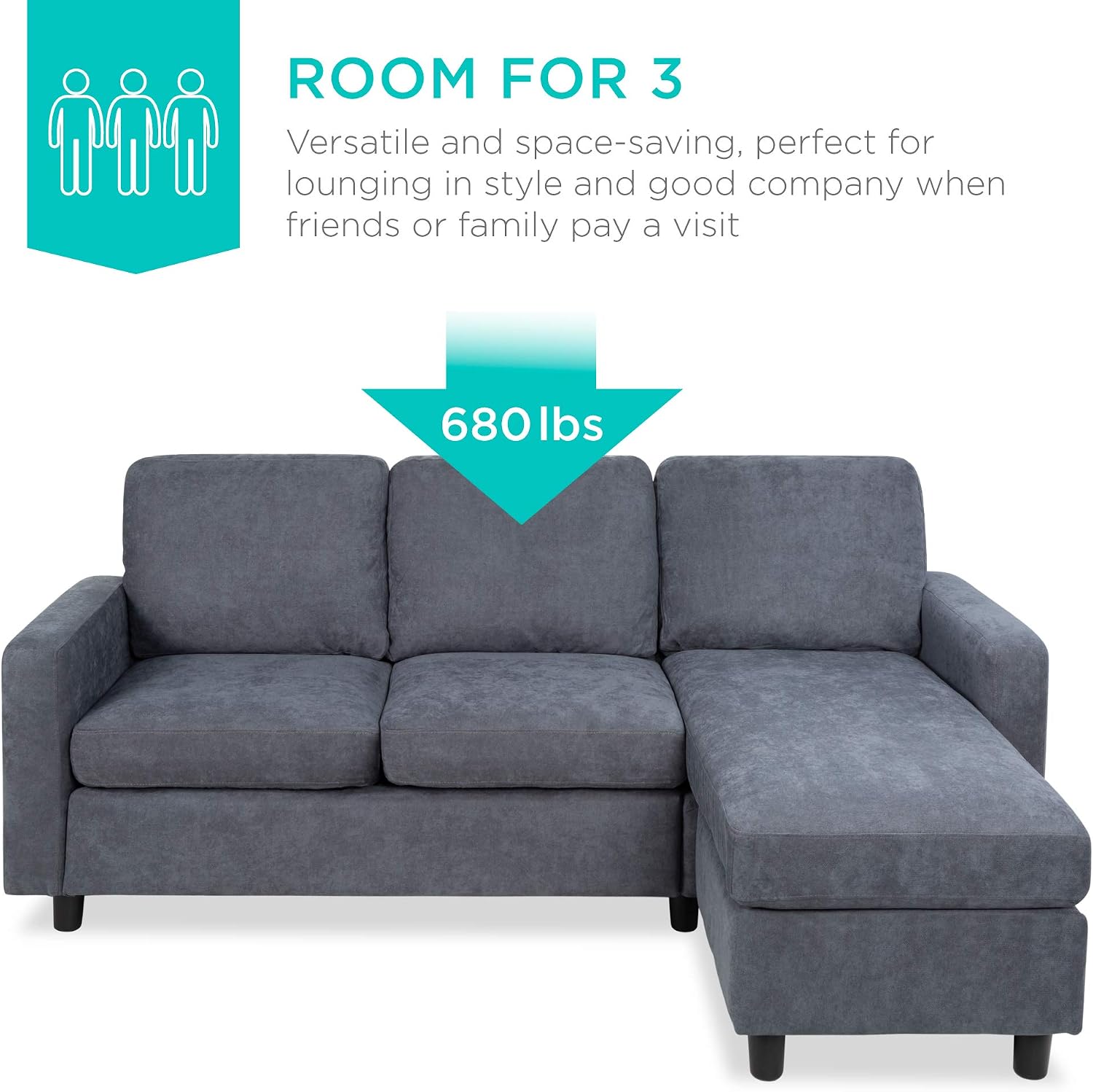 Best Choice Products Upholstered Sectional Sofa for Home, Apartment, Dorm, Bonus Room, Compact Spaces w/Chaise Lounge, 3-Seat, L-Shape Design