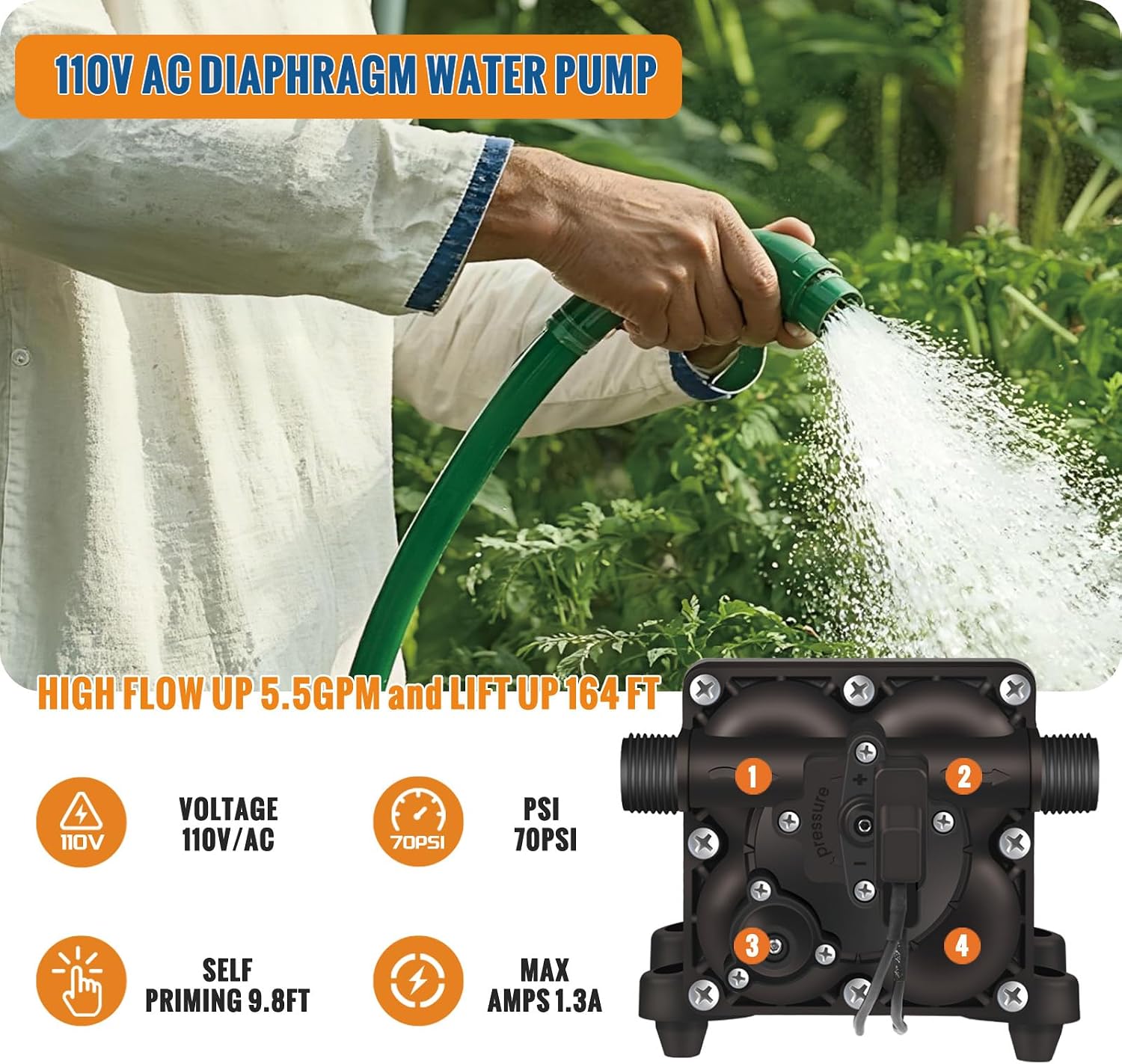 YOUNGTREE RV Water Pressure Diaphragm Pump 110V 4.0GPM 50PSI On Demand Fresh Water Transfer Pump 110Volt AC with Garden Hose Adapters for Irrigation Home Pool Draining Sprinkler