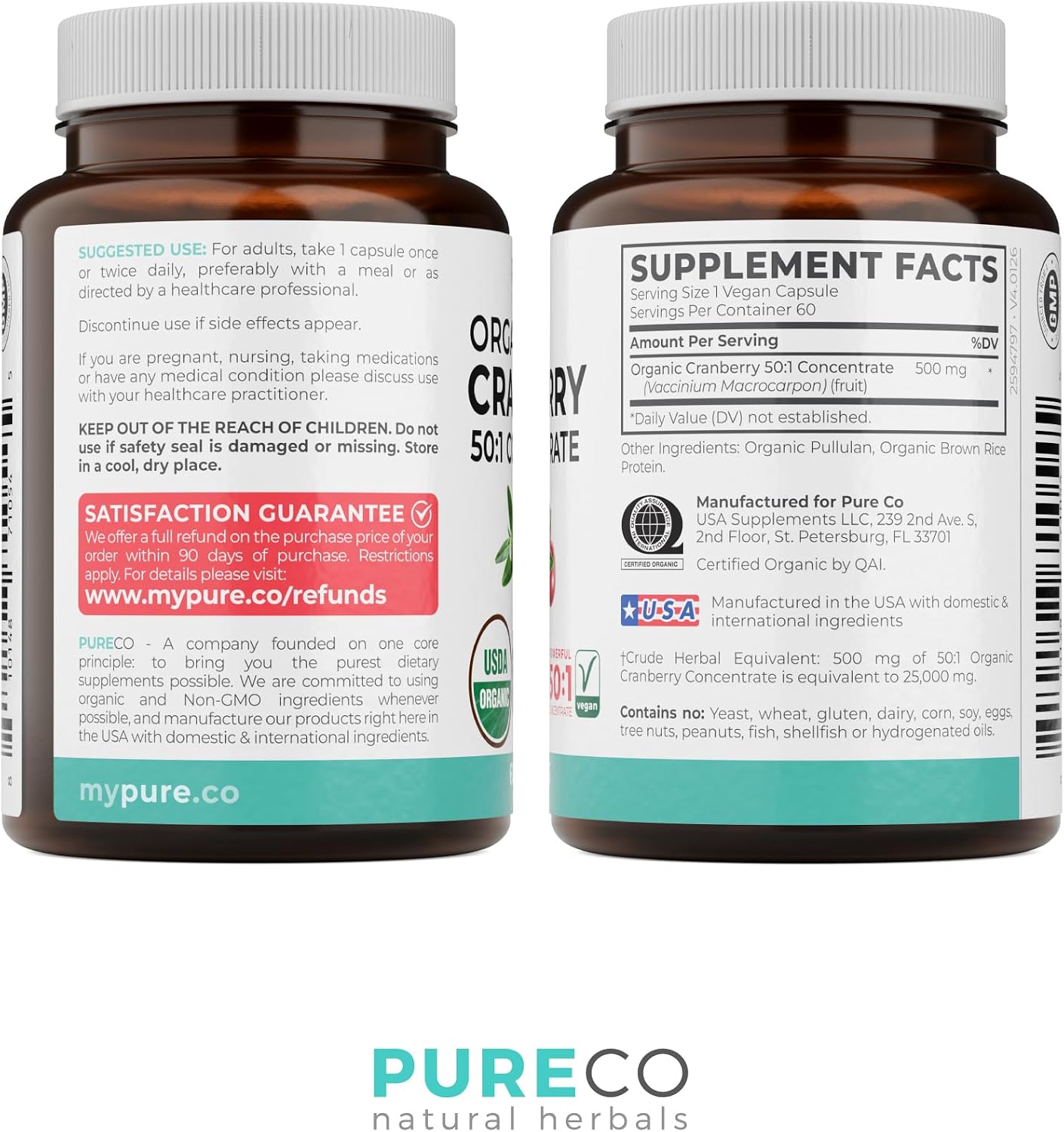 Organic Cranberry Pills - Vegan Supplement for Urinary Tract Health & Kidney Cleanse - Cranberry Pills for Women 500mg 50:1 Cranberry Concentrate Per Serving - Urinary Tract Support - 60 Capsules