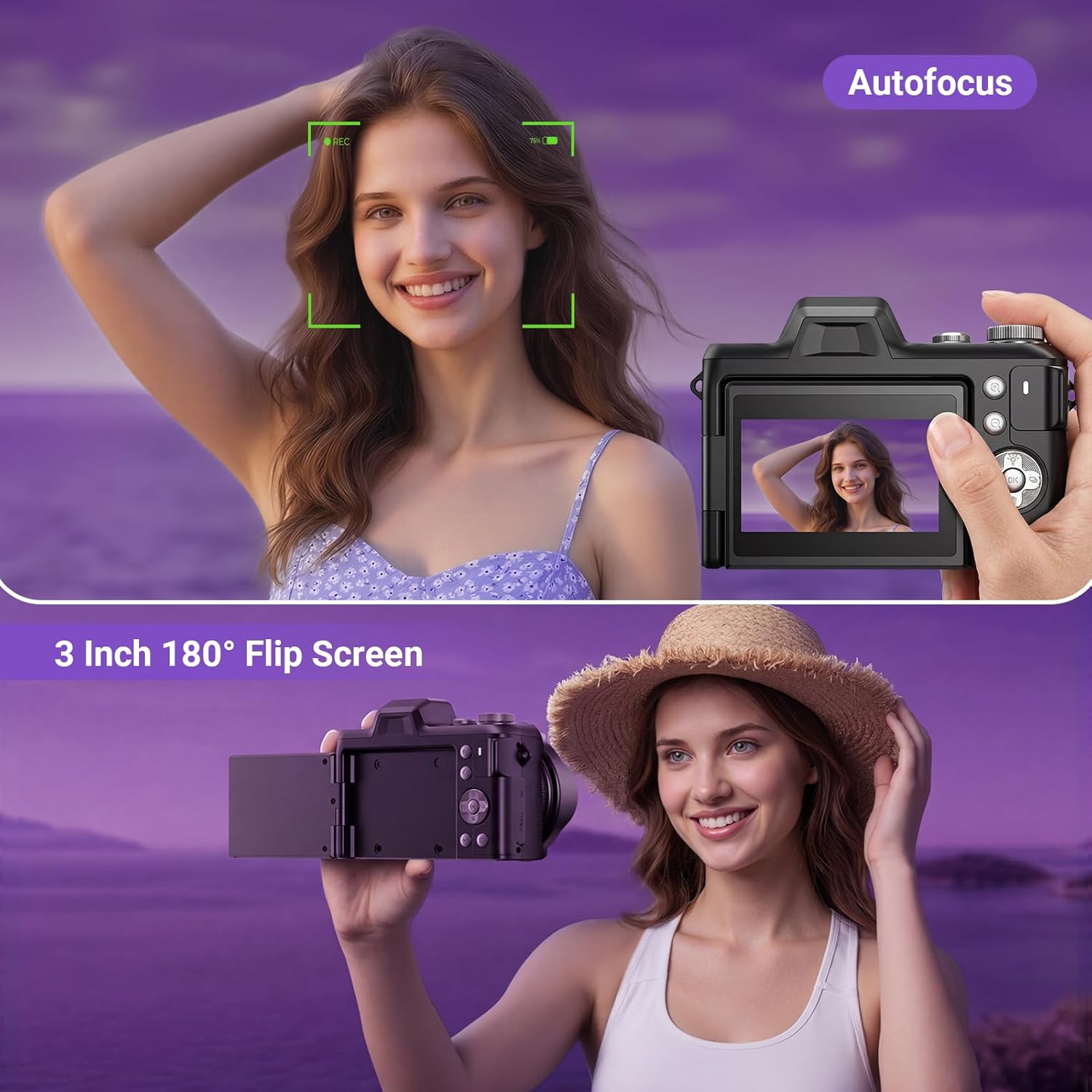 4K Digital Camera for Photography, 56MP Autofocus Vlogging Camera for YouTube Travel, 3" 180°Flip Screen & Lens Hood 16X Zoom