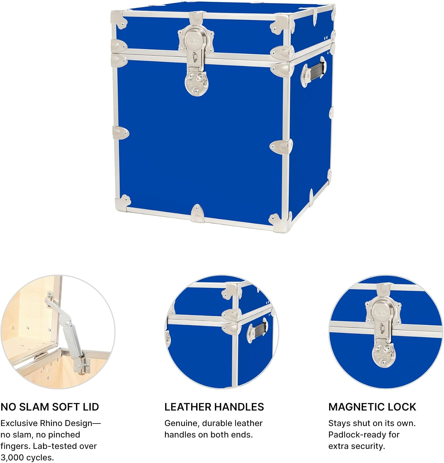 Rhino Classic Cube Trunk, College Dorm Footlocker & Home Storage End Table | 18"L x 18"W x 20"H, 1500+ lb Capacity, Baltic Birch Plywood, Nickel Plated Steel, Durable, Office Storage, Dorm Room
