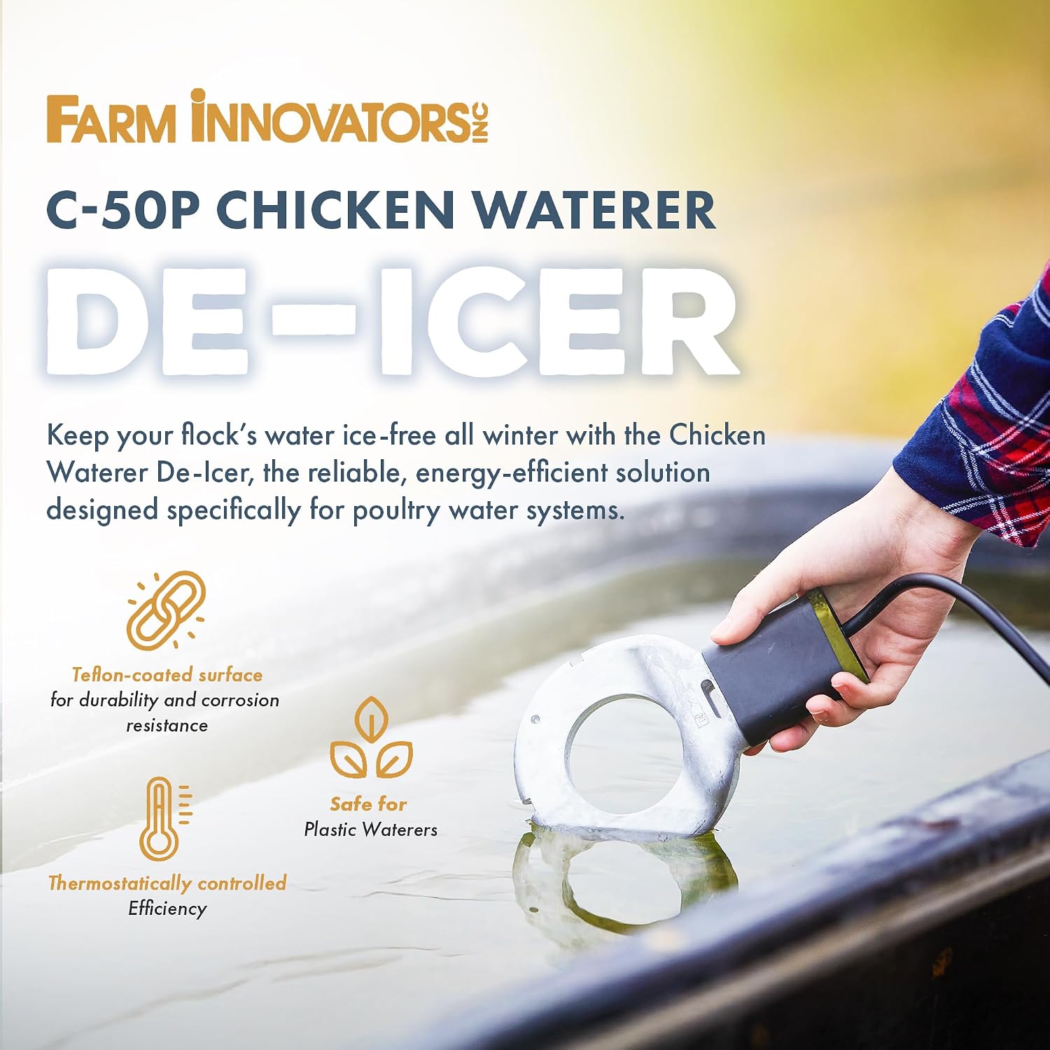 Farm Innovators Chicken Waterer De-Icer for Nipple Drinker Chicken Water Buckets - 150W Water Deicer with Thermostatically Controlled Heating | For