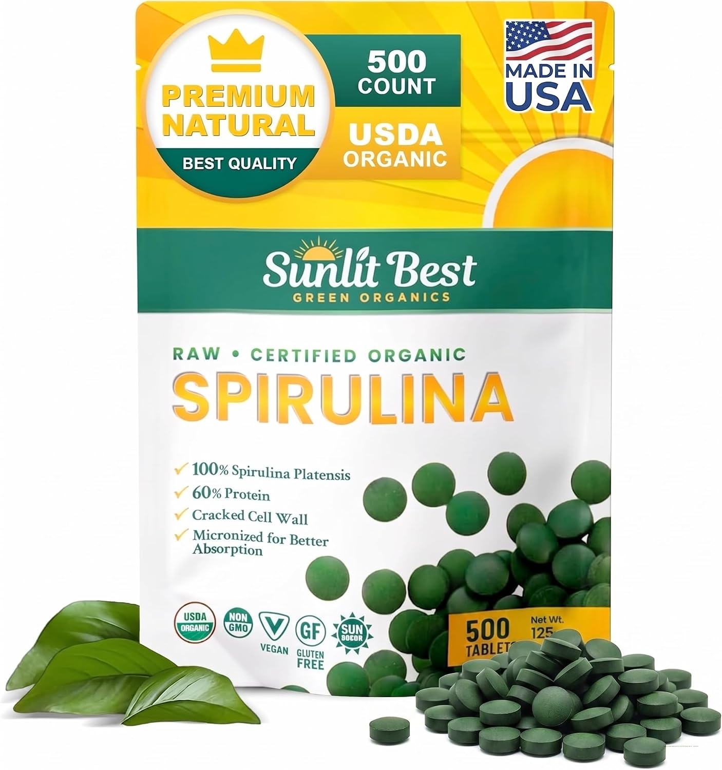 Sunlit Best Organic Spirulina Tablets, Pure Natural Superfood Pills 1000 CT | USDA Certified, 60% Vegan Protein, 18 Amino Acids, Chlorophyll Antioxidants Enzymes, Non GMO, Immune Liver & Energy Support