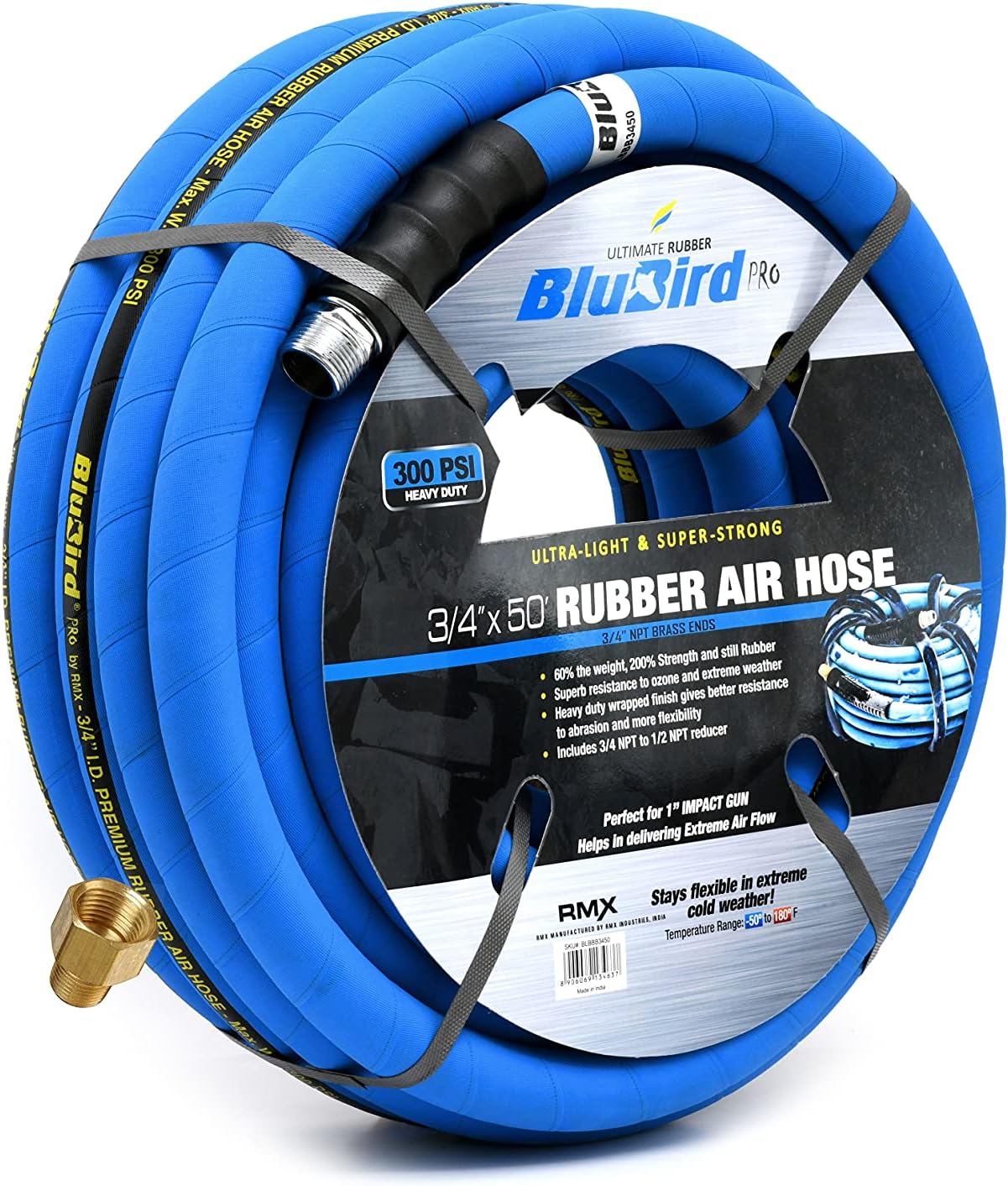 BLUBIRD BB3450 3/4" x 50' Rubber Air Hose, 100% Rubber, Lightest, Strongest, Most Flexible, 300 PSI, 50F to 190F Degrees, Ozone Resistant, High Strength Polyester Braided | Heavy Duty Reinforced Air Hose With 300 PSI Rating, Flexible Design, Kink Resista…