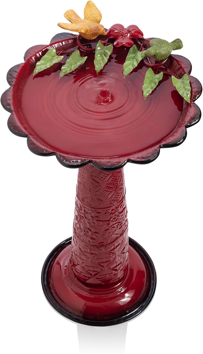 Alpine Corporation - 28" Tall Outdoor Metal Birdbath with Birds and Leaves Yard Statue Decoration, Red – Stunning Garden Accent to Attract Birds - Durable Construction for Patio, Deck, or Yard
