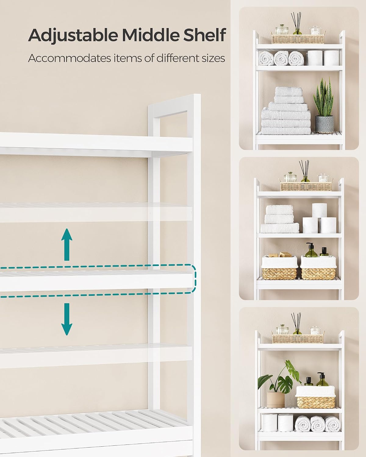 SONGMICS Over The Toilet Storage, 3-Tier Over Toilet Bathroom Organizer with Adjustable Shelf, 10.2 x 24.8 x 66.9 Inches, Space-Saving, Cloud White UBTS01WT