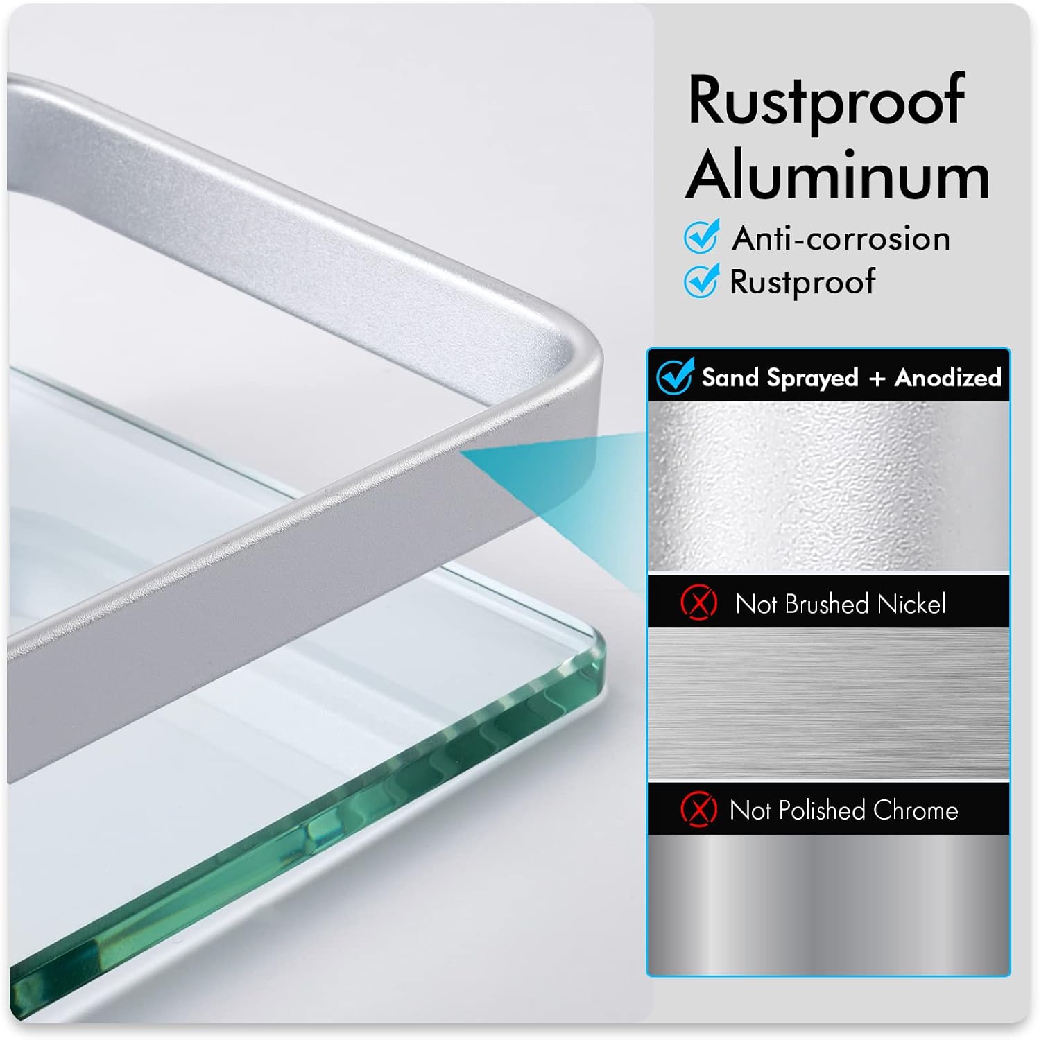 KES Glass Shelves for Bathroom, Floating Tempered Glass Shelves 14 Inch | Aluminum Extra Thick 2 Pack Rectangular Storage Organizer Wall Mount Silver