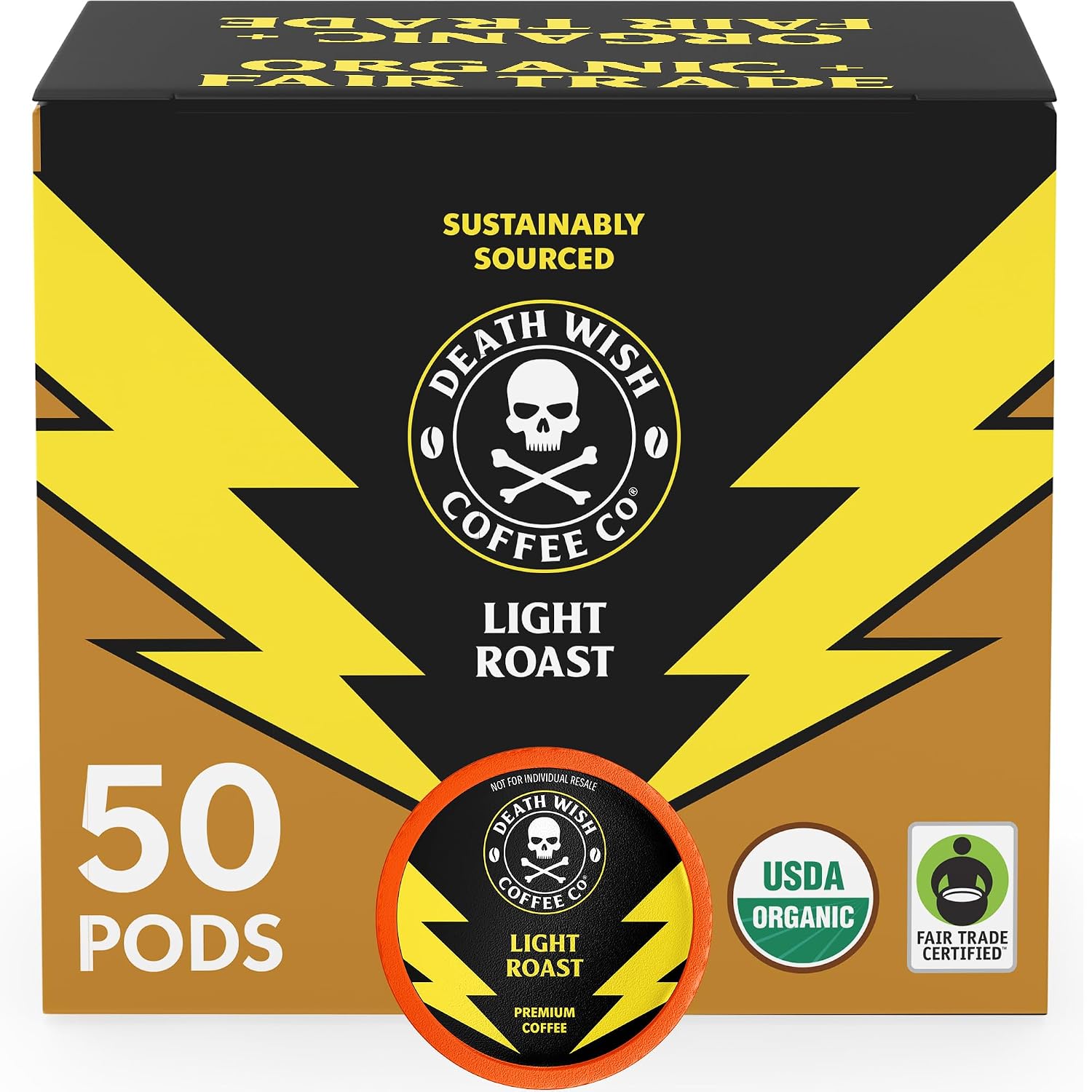 Death Wish Coffee Dark Roast Single Serve Coffee Pods, Organic, 50 Count | Fair Trade Arabica & Robusta, Baker's Chocolate & Cherry Notes, Low Acidity, Heavy Smooth Body, Bold & Intense