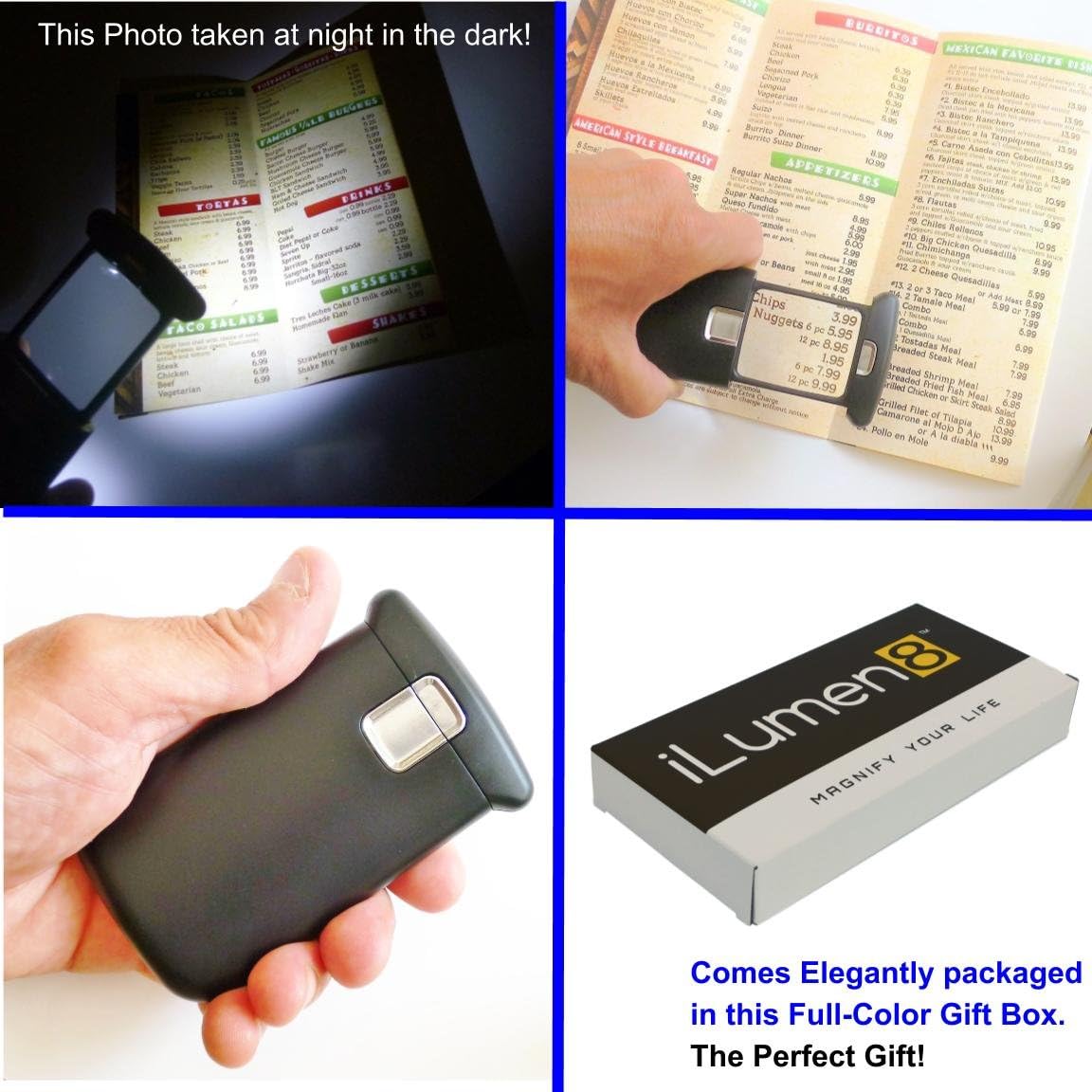 Best Pocket Magnifying Glass by iLumen8-3X Small Magnifier with Lights. Great for Seniors, Kids, Travel. Fits into Purse or Pocket Read Maps, Menu