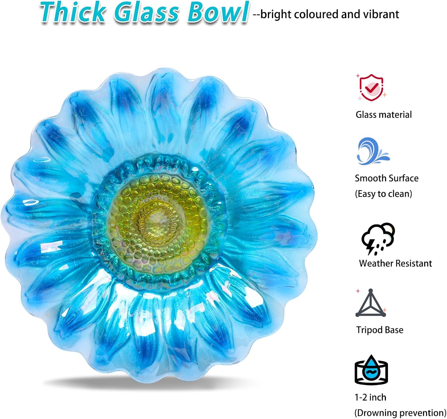 MUMTOP Bird Bath Outdoor, Glass Birdbath Bowl with Stake Garde Decor, Blue