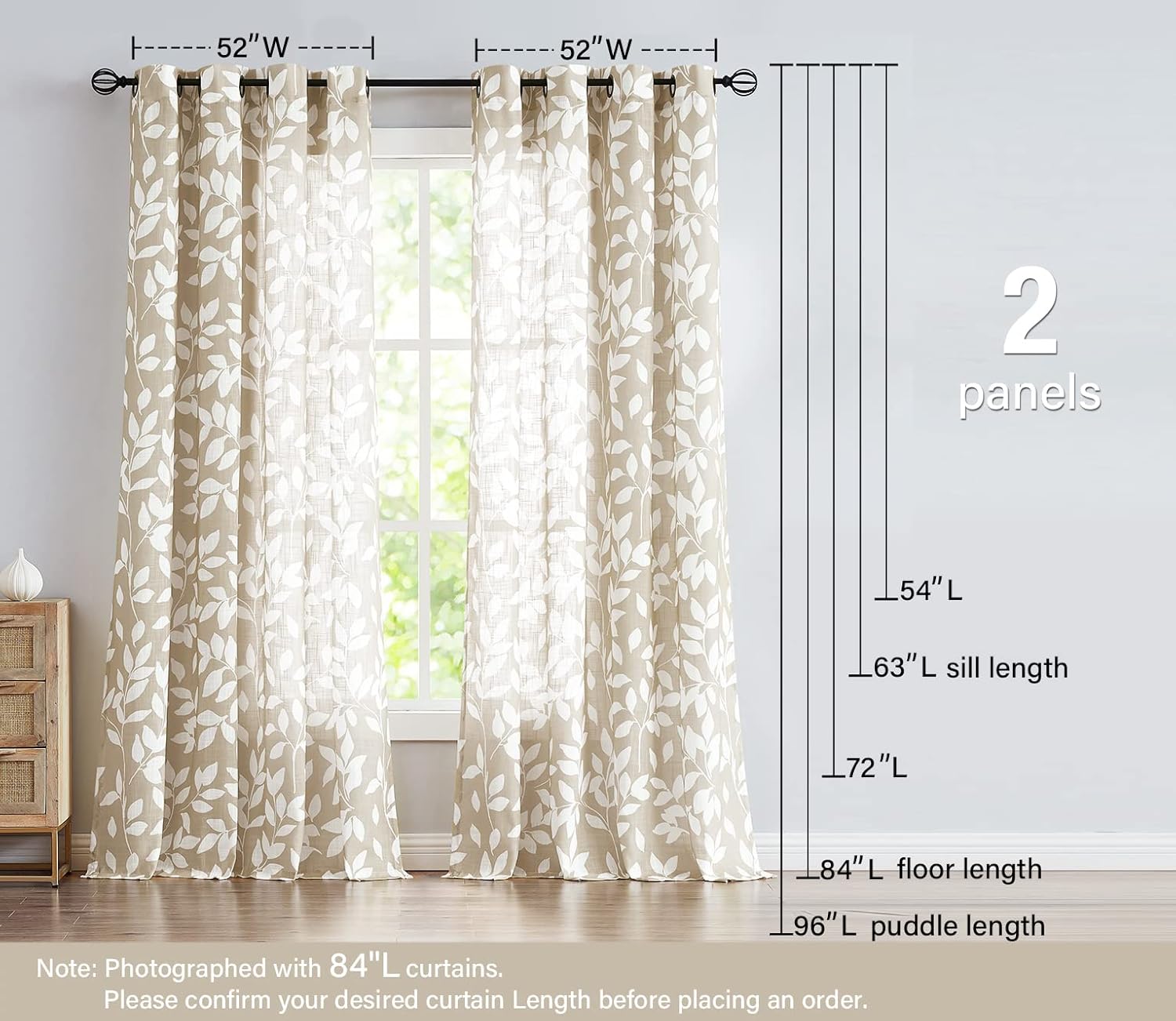 Leaf Semi Sheer Curtains for Bedroom Living Room 52x72" Taupe White Print 2