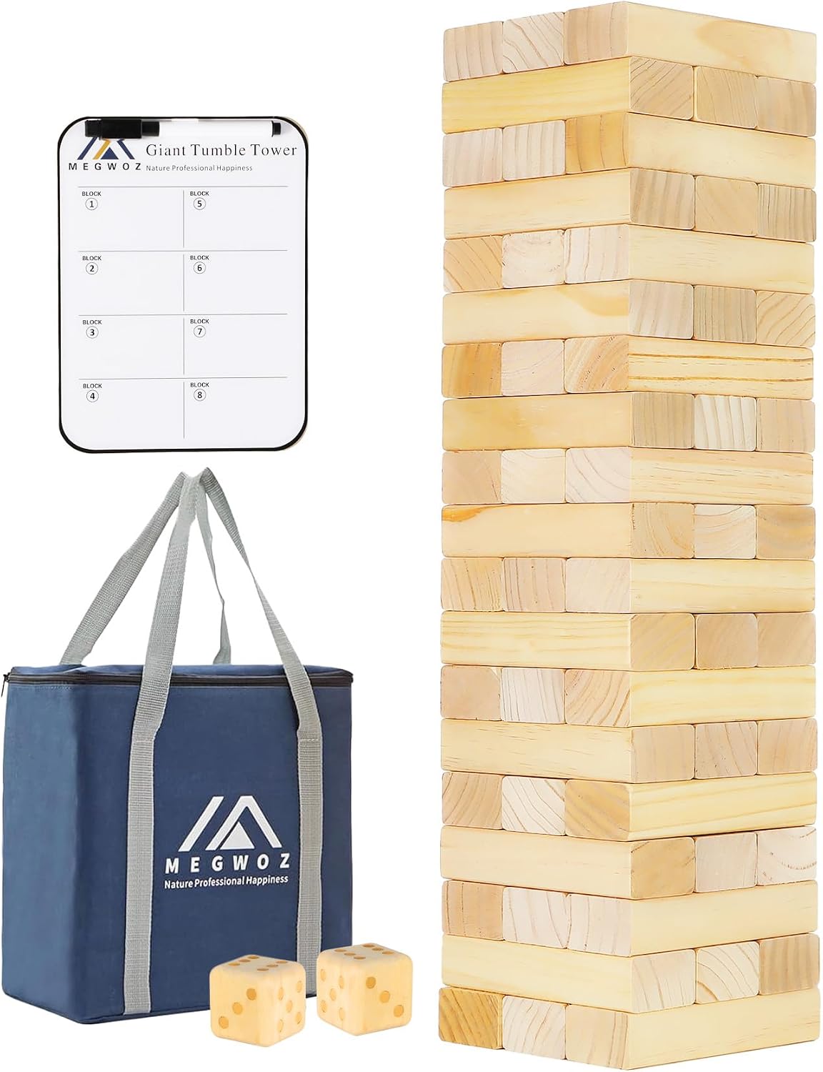 Megwoz Giant Tumble Tower Games for Kids and Adults 57 Blocks New Zealand Pine Wooden Blocks Stacking to Over 4.2FT Family Game for Indoors Outdoors
