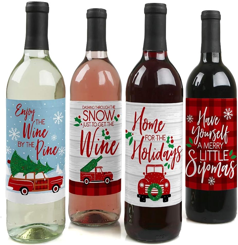 Big Dot of Happiness Ugly Sweater - Holiday and Christmas Wine Bottle Label Stickers - Set of 4