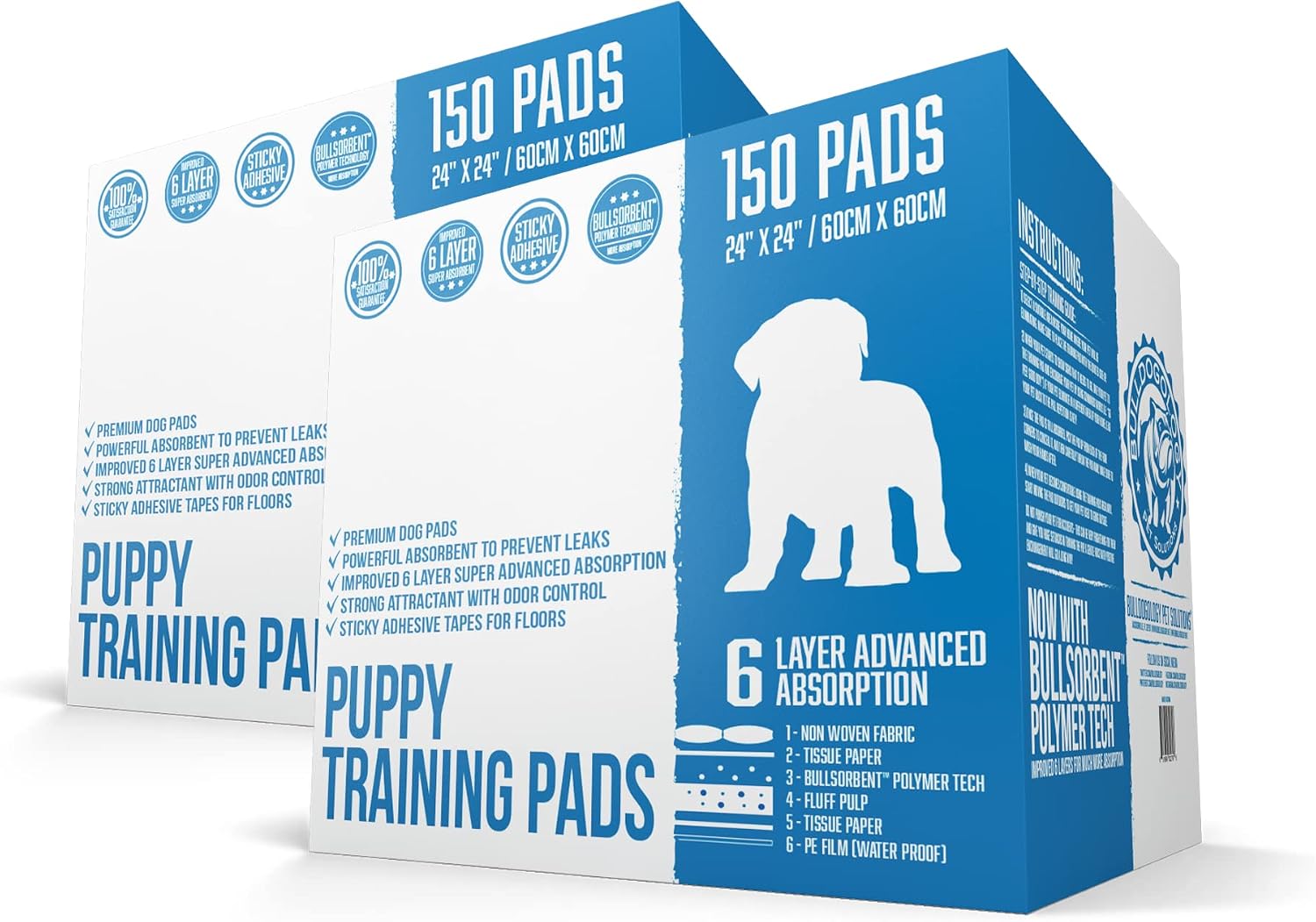 Bulldogology Puppy Training Pads - Pee Pads with Adhesive Sticky Tape (24x24) Large Dog Training Wee Pads with 6 Layer Extra Quick Dry Bullsorbent Polymer Tech (100-Count, White)