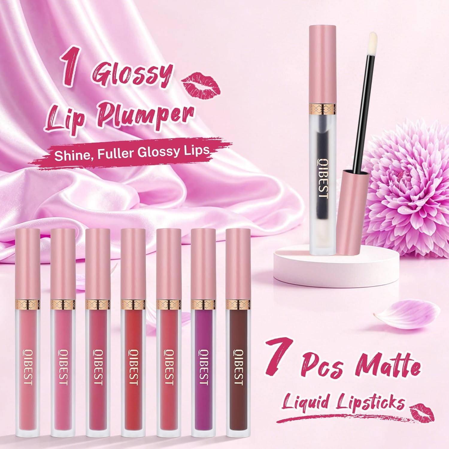 QiBest 7Pcs Matte Liquid Lipstick + 1Pcs Lip Plumper Makeup Set Kit, Pigmented Long Lasting Lip Gloss Set