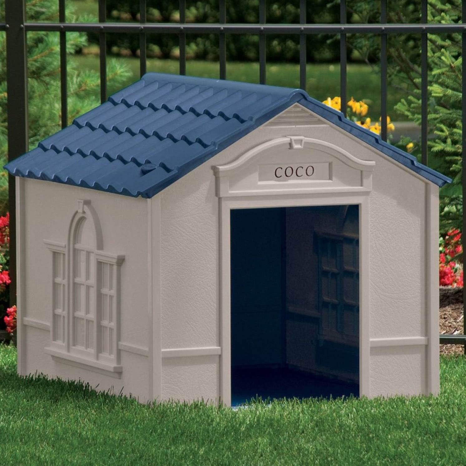 Suncast Outdoor Dog House with Door - Water Resistant and Attractive for Small to Large Sized Dogs - Easy to Assemble - Perfect for Backyards
