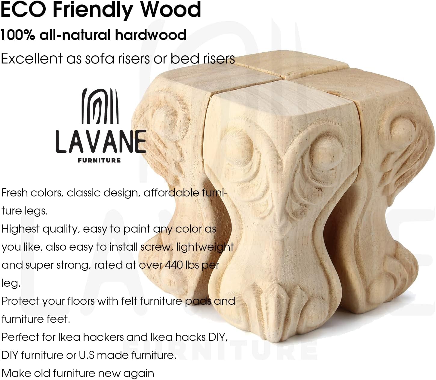 La Vane 6 inch / 15cm Wooden Furniture Legs, Set of 4 European Style Solid Wood Carving Furniture Replacement Feet Decoration for Sofa Cabinet Wardrobe Table Loveseat