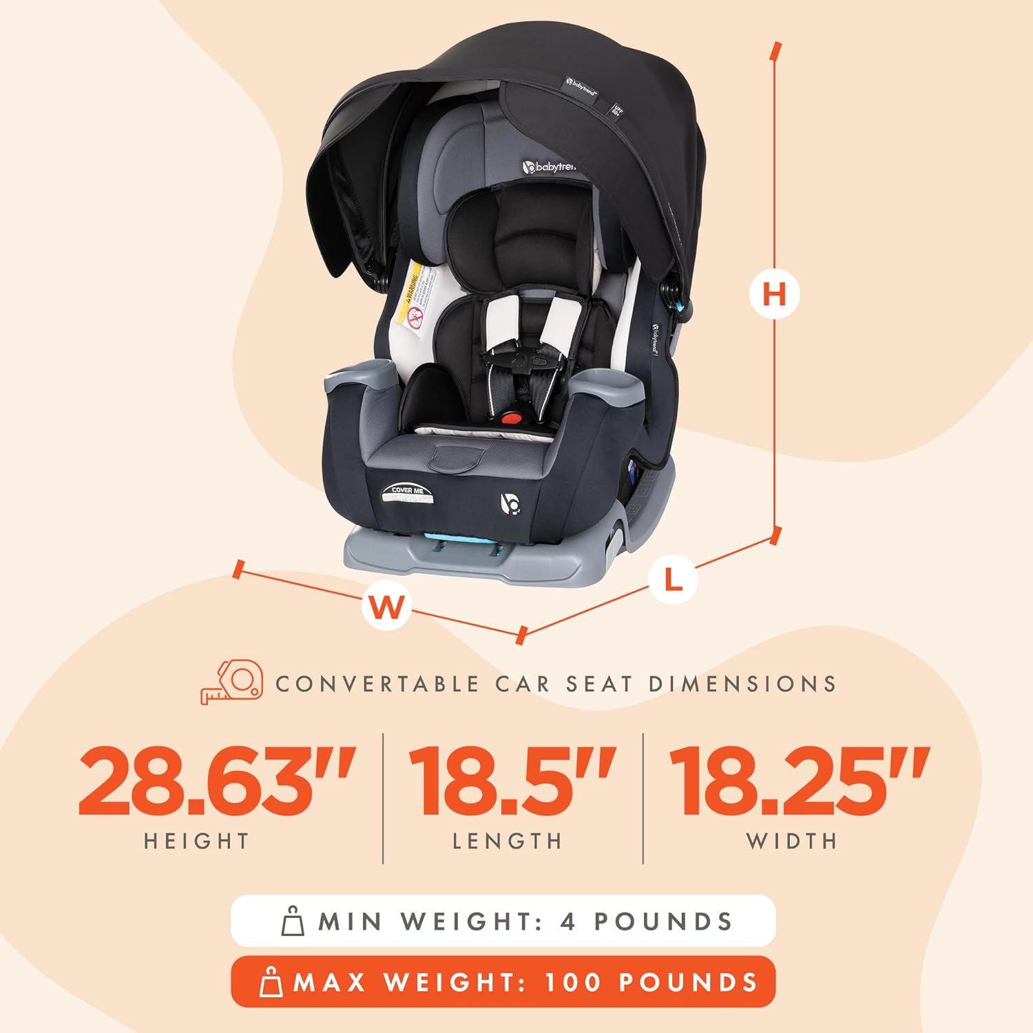 Baby Trend Cover Me™ 4-in-1 Convertible Car Seat, Vespa – Built-in Canopy, 4-Stage Growth System, Plush Comfort Padding, Multi-Position Recline