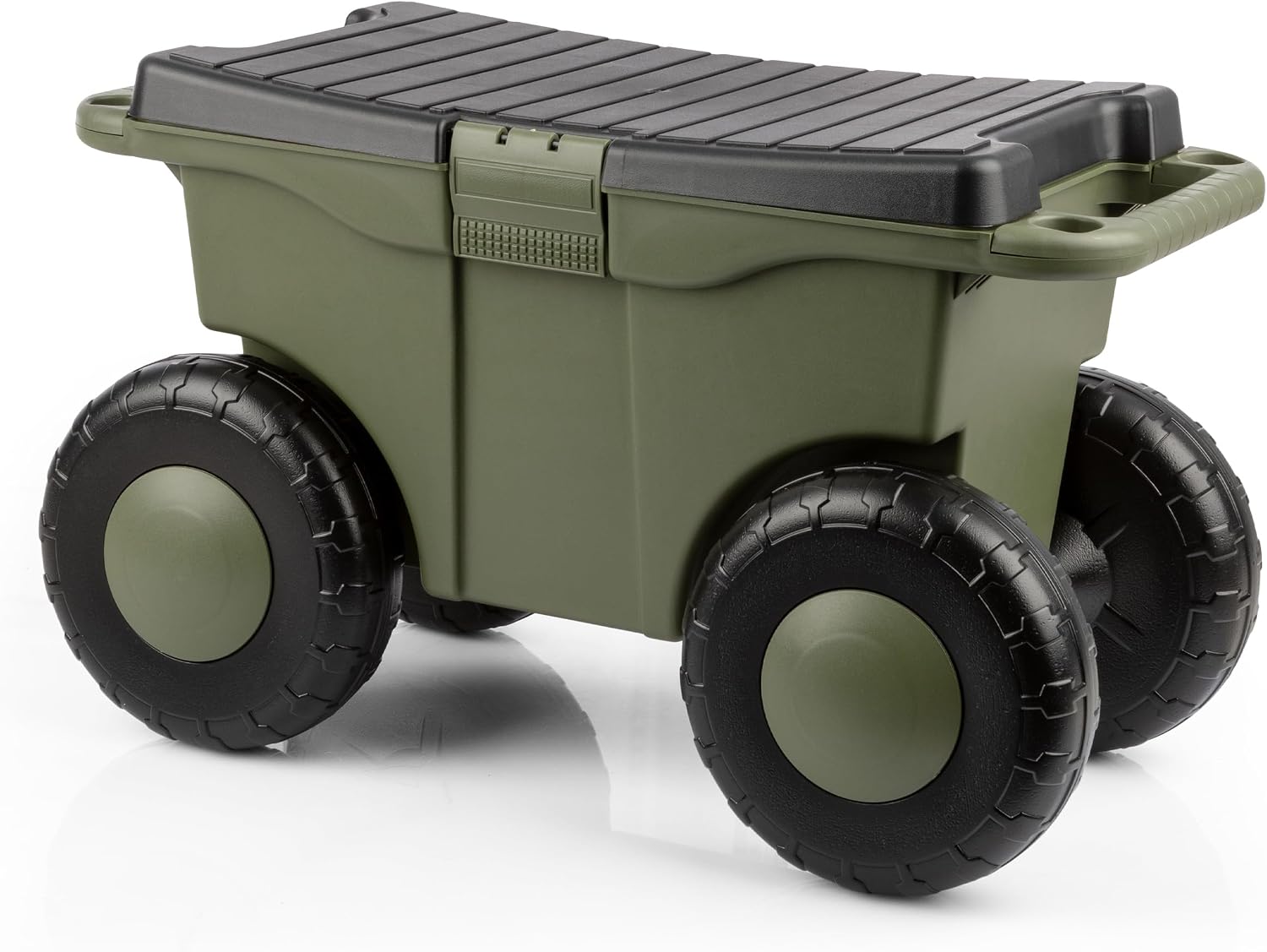 Rolling Garden Cart with Seat - Plastic Storage with Bench and Interior Tool Tray - Gardening Stool for Weeding and Planting By Pure Garden (Green) | Plastic Storage with Bench and Interior Tool Tray - Gardening Stool for Weeding and Planting