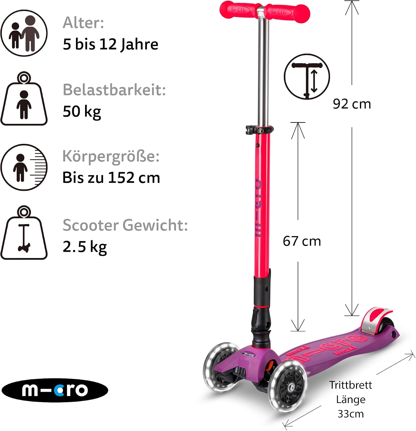 Micro Kickboard | Maxi Foldable LED Kids Scooter for Ages 5-12 | Children
