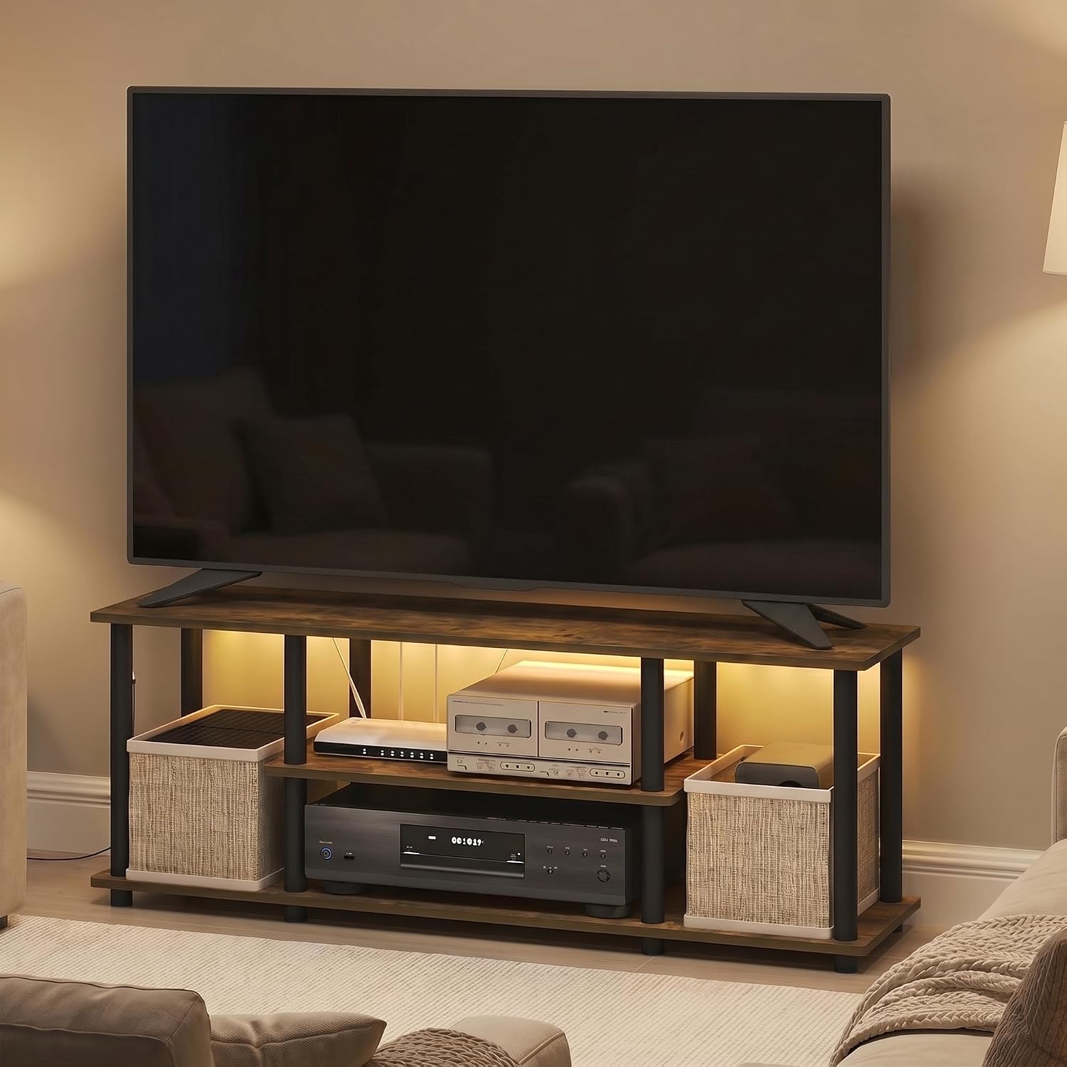 Furinno Turn-N-Tube No Tools 3D 3-Tier Entertainment TV Stand up to 50 inch TV, Round Tubes, French Oak Grey/Black | for TV up to 50 Inch, Open Frame Rectangular Entertainment Center with Storage Shelf, TV Console, for Living Room, Bedroom
