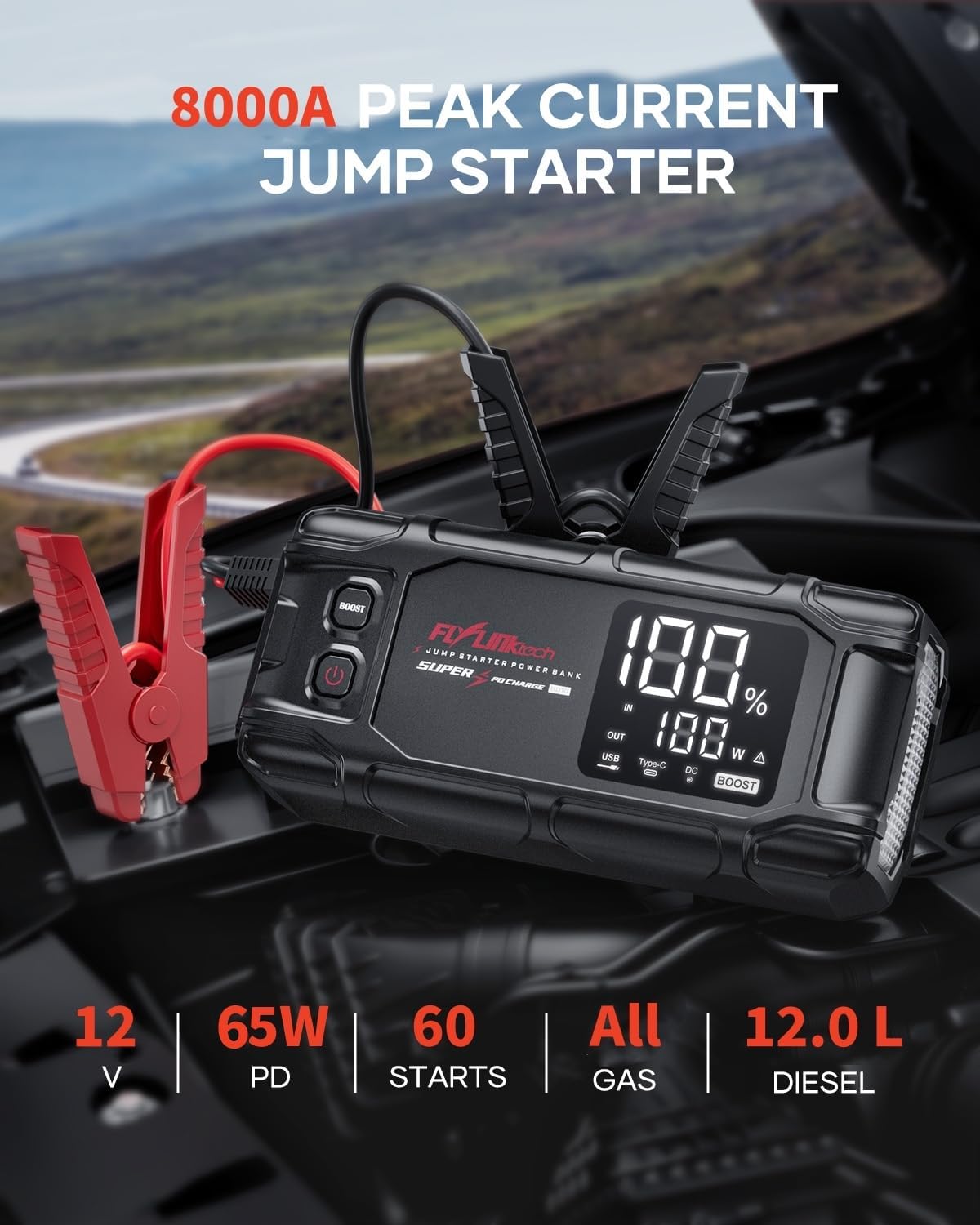 FLYLINKTECH Car Battery Jump Starter, 8000A Peak 26800mAh Jump Start Battery Pack(for All Gas or up to 12L Diesel)