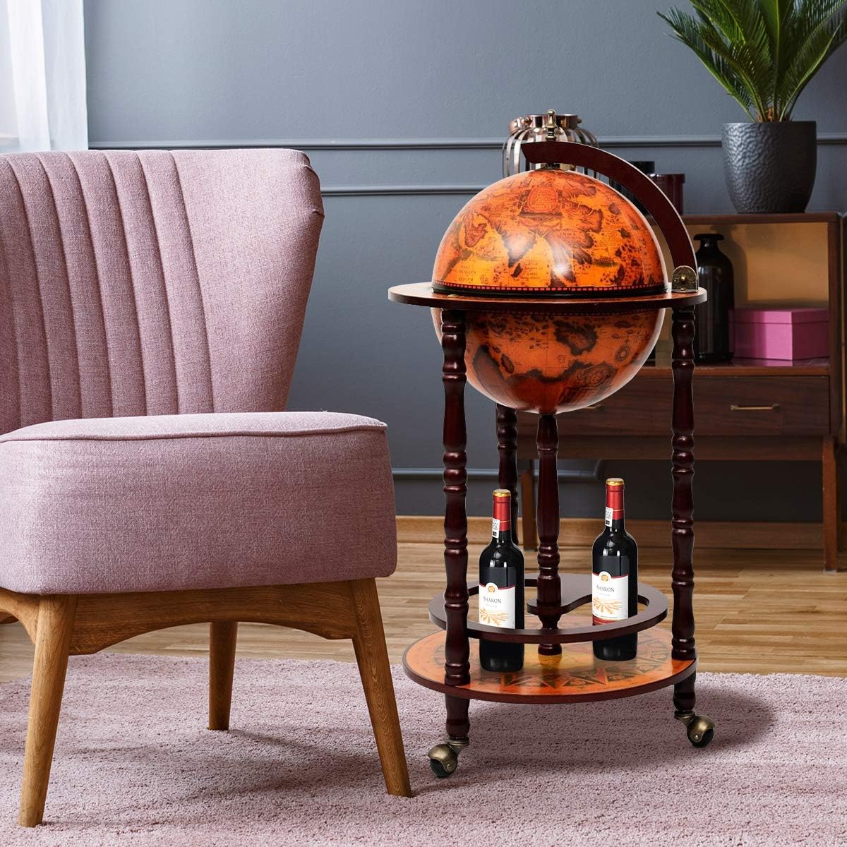 17" Wooden Globe Wine Rack, Wooden Globe Wine Bar Stand, Freely Movable Stable Liquor Bottle Shelf, Nautical Chart Wine Storage Cabinet