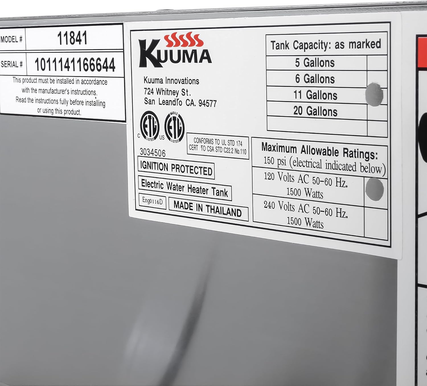 Camco 11841 Kuuma Water Heater with 120V Front Heat Exchange and Back Mount - 11 Gallons