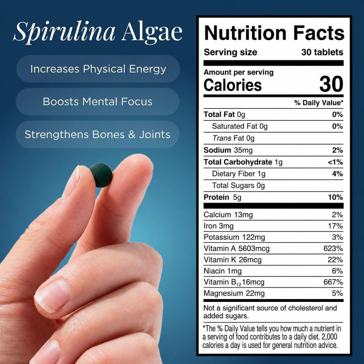 ENERGYBITS Organic Spirulina Tablets (1000 Algae Tablets) Natural Superfood for Energy, Fitness & Focus - 5g Protein, 1 Calorie, Sugar Free - Omega 3 - Spirulina Capsules - Gluten Free, Keto & Vegan
