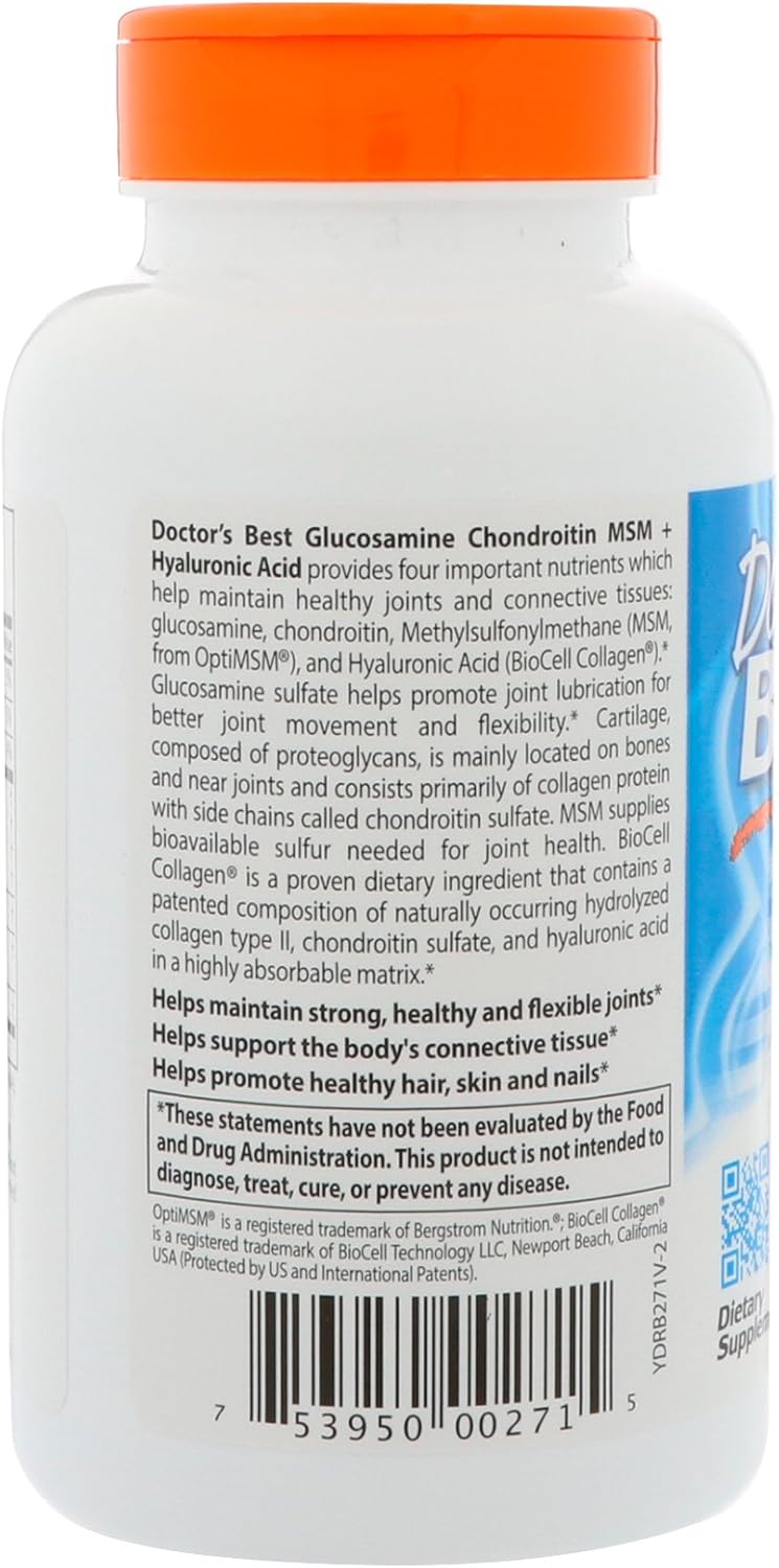 Doctor's Best Glucosamine Chondroitin MSM + Hyaluronic Acid with OptiMSM Featuring Biocell Collagen, Joint Support, Non-GMO, Gluten & Soy Free