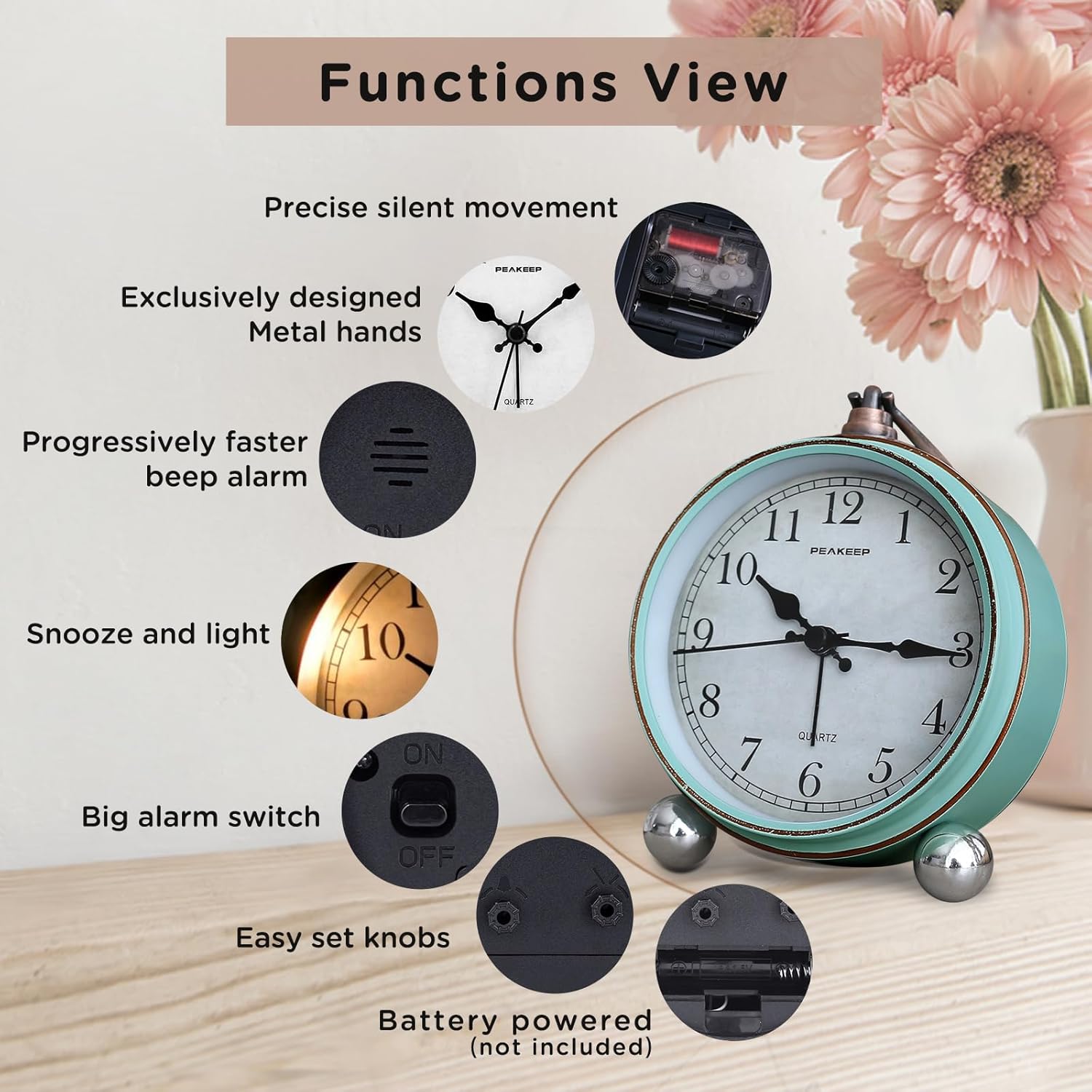 Peakeep 4" Small Battery Operated Analog Alarm Clock, Antique Retro Style