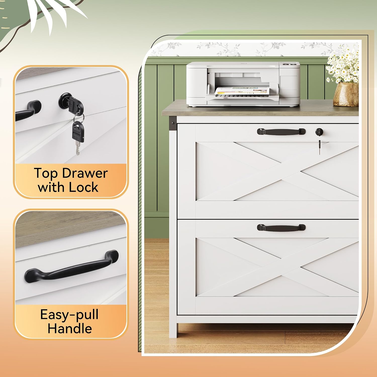 DEVAISE 2-Drawer Lateral File Cabinet with Lock, White | Wood, Office Storage Cabinet, Letter, Legal & A4 Compatible, Farmhouse Style, Printer Stand, Home Office