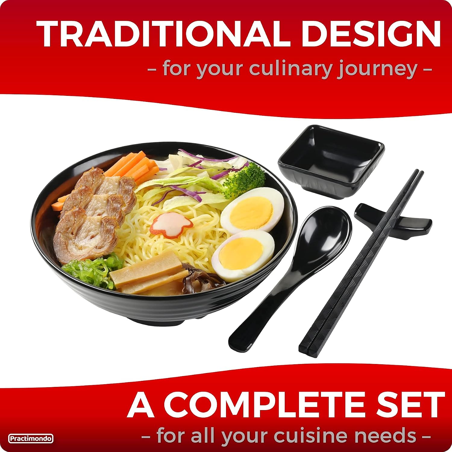 Unbreakable Ramen Bowl Set with Chopsticks and Spoon: 2 large Japanese Style Melamine Ramen Bowls