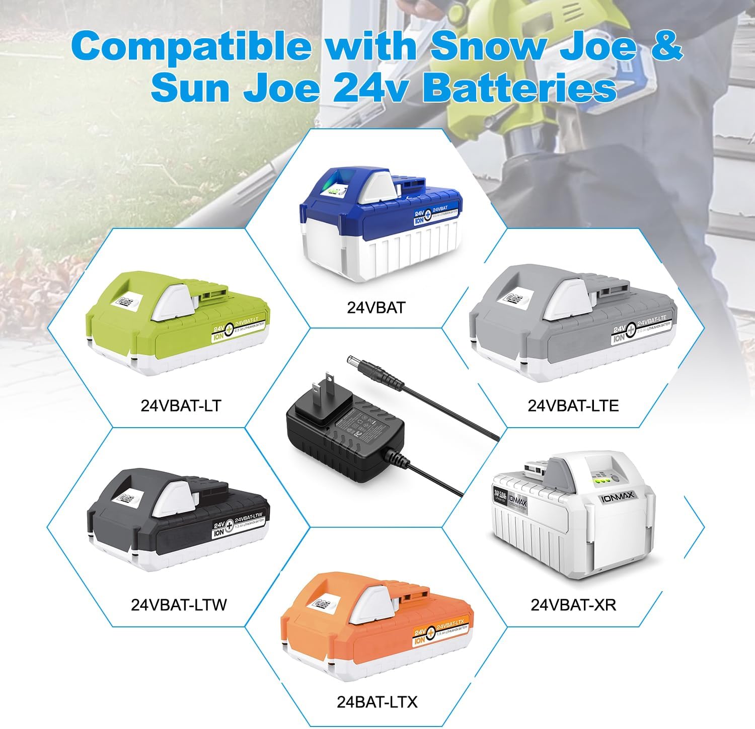 Quick Charge for Snow Joe & Sun Joe 24V Battery, 24VCHRG-QC iON+ Charger | Charger for iBAT24 and 24VBAT Series Battery, iBAT24-LT, iBAT24-LTE