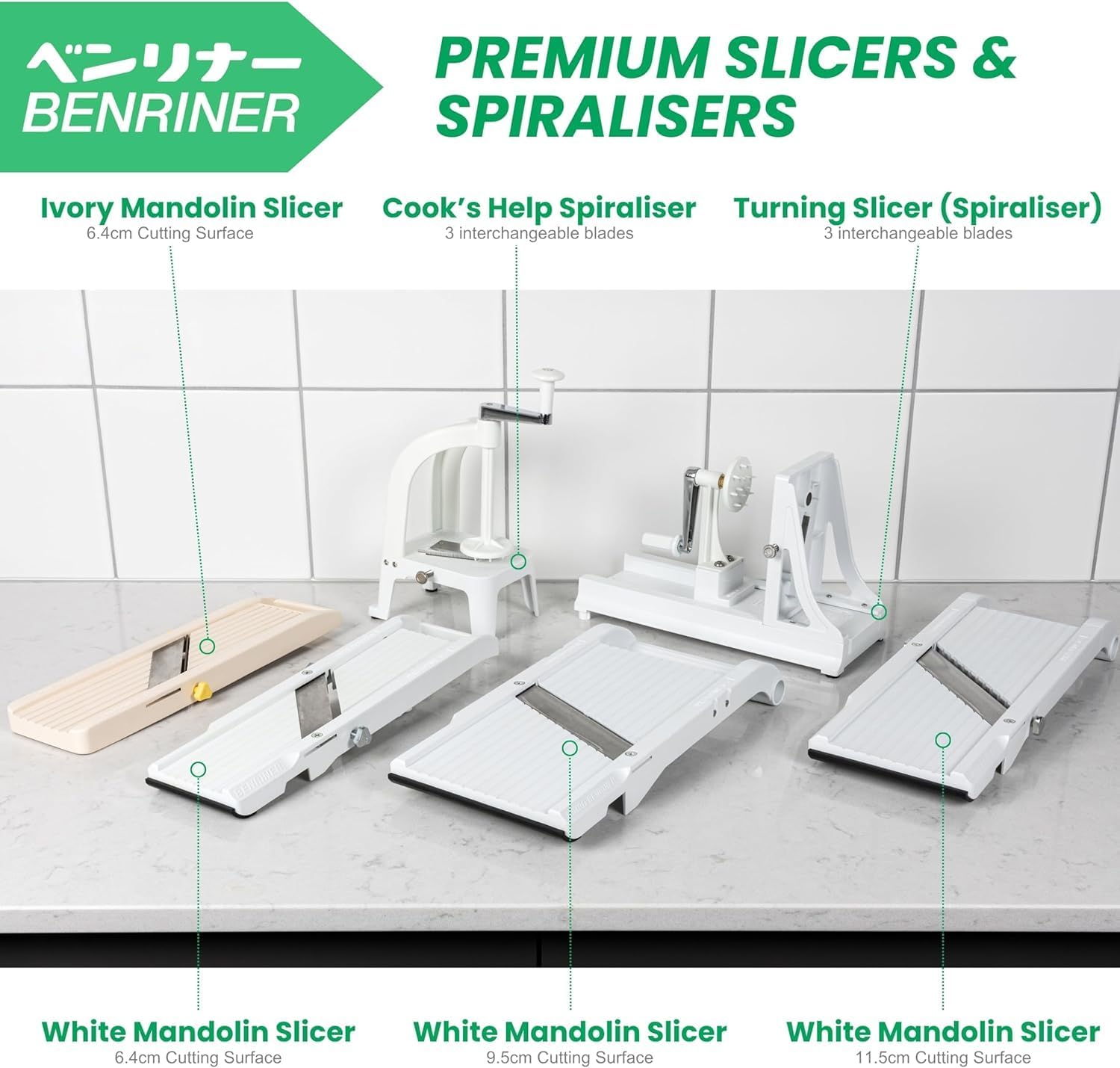 Benriner Mandoline Slicer with 4 Blades, Japanese Stainless Steel, BPA Free, 12.75 x 3.625-Inches, Beige