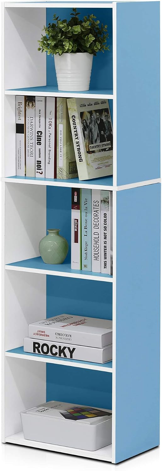 Furinno LUDER Book Shelf, 5-Cube Bookshelf, Reversible Bookcase, 9.4 x 19.5 x 31.5, Easy Assembly, for Living Room, Bedroom, Home Office, White